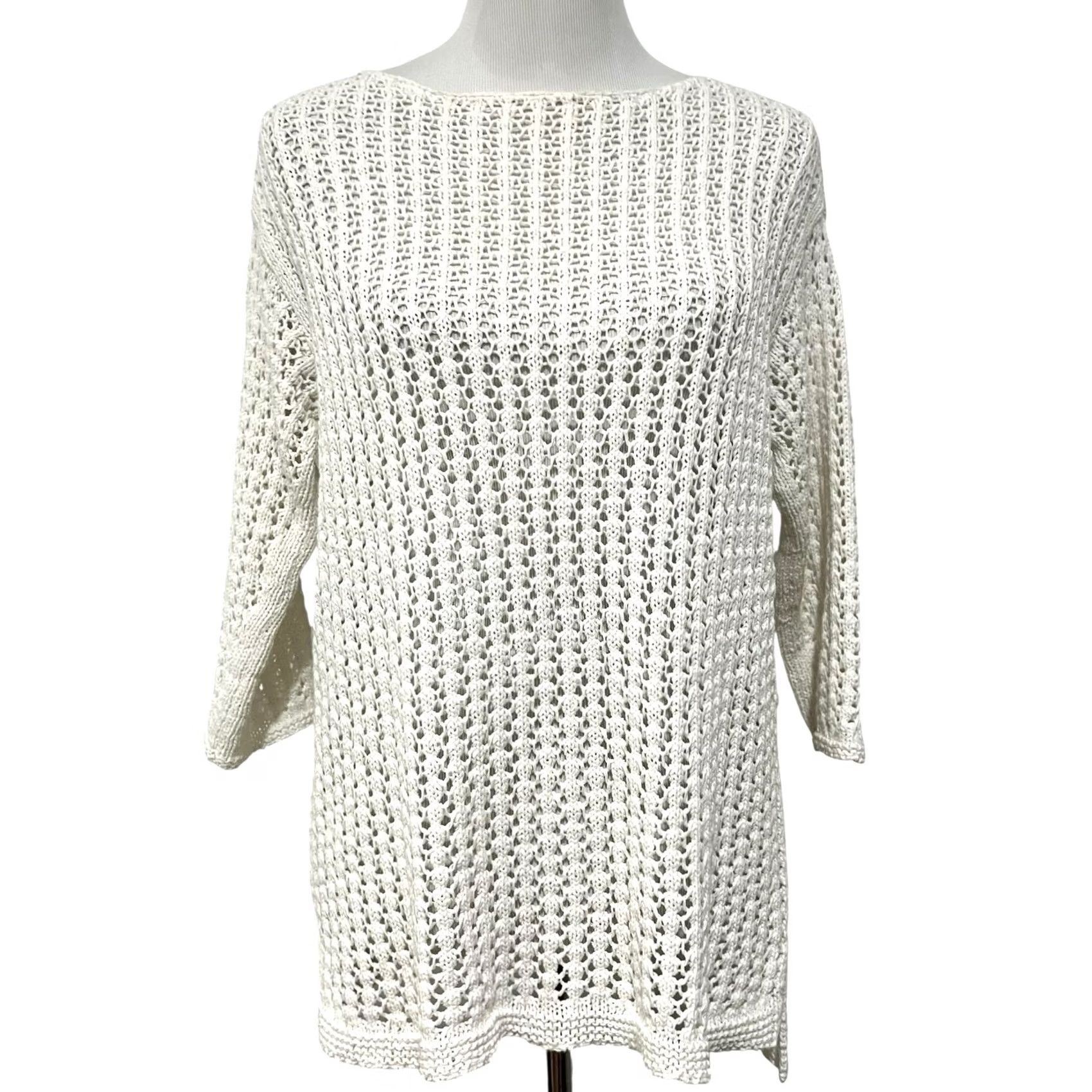 J. Jill J.Jill Open Knit Tunic Sweater Cotton Blend White Coastal Quiet Luxury Womens S Shirt Size S / US 4 / IT 40 - 2 Thumbnail
