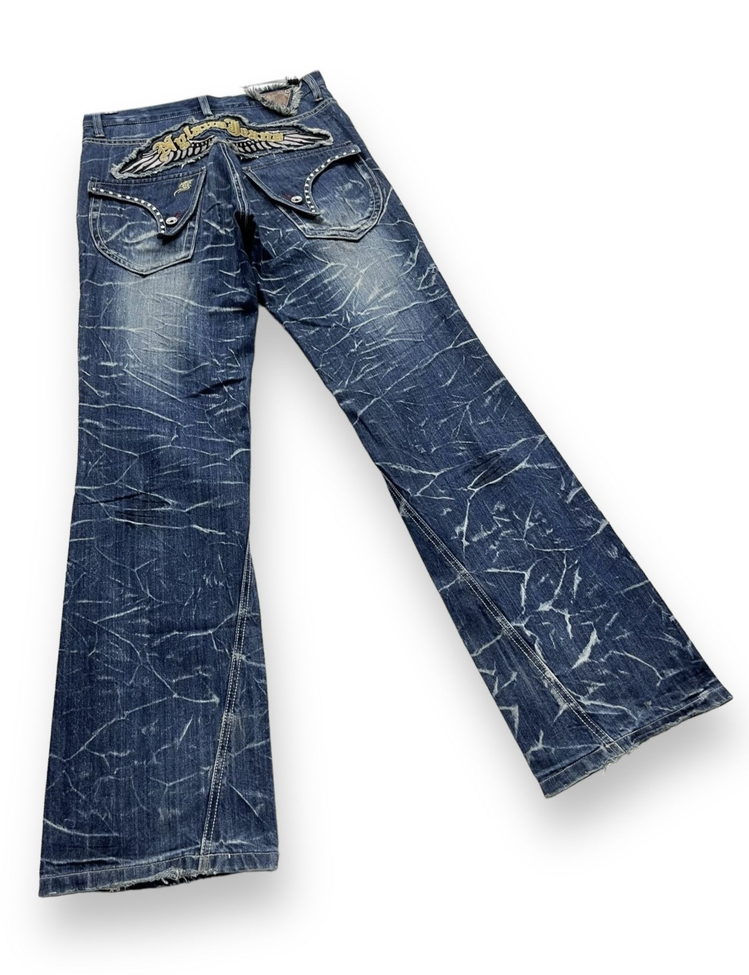 Fashion Victim NYLAUS Long Flap Studded Embroidery Winged Acid Wash Flared Size US 31 - 5 Thumbnail