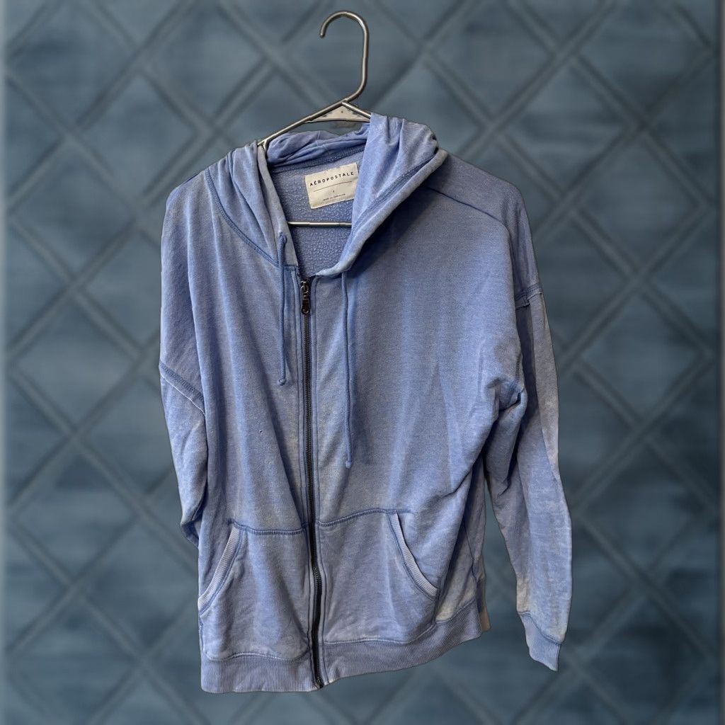 Vintage Aéropostale Hoodie Women Small Full Zip Solid Light Blue Knit 100% Cotton Long Sleeve Size S Slim Fit Casual Activewear Mens Womens Girls Boys Size S / US 4 / IT 40 - 1 Thumbnail