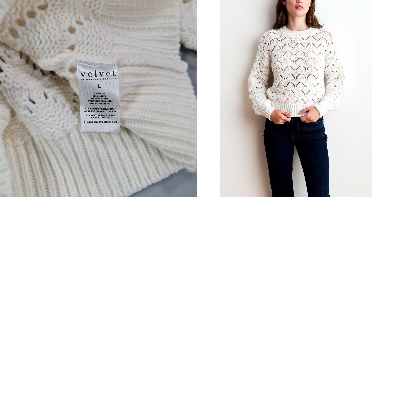 Velvet Velvet by Graham & Spencer Jumper Womens Ivory Open-Knit Pullover Crew Neck Long Sleeve Large Nola Novelty Pointelle Knit Pullover Size L / US 10 / IT 46 - 8 Thumbnail