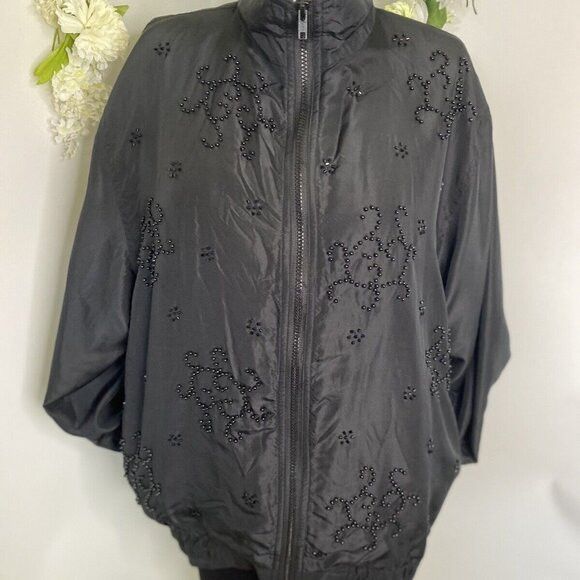 Superfine 90s Womens Black Silk Embellished Windbreaker Trac