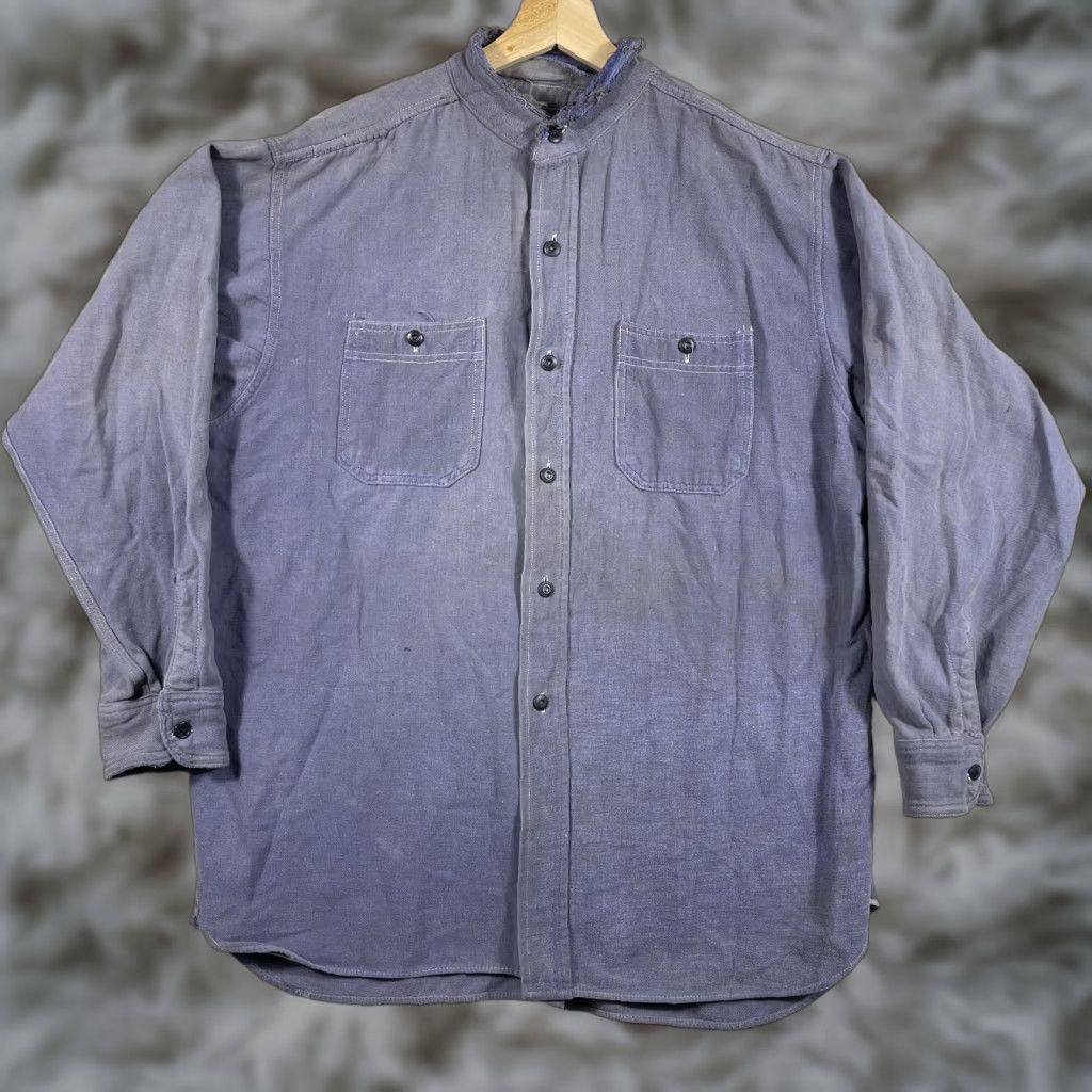 VINTAGE 1940s Work Shirt Mens Large Blue Band Collar Button Front Hercules USA Shirt