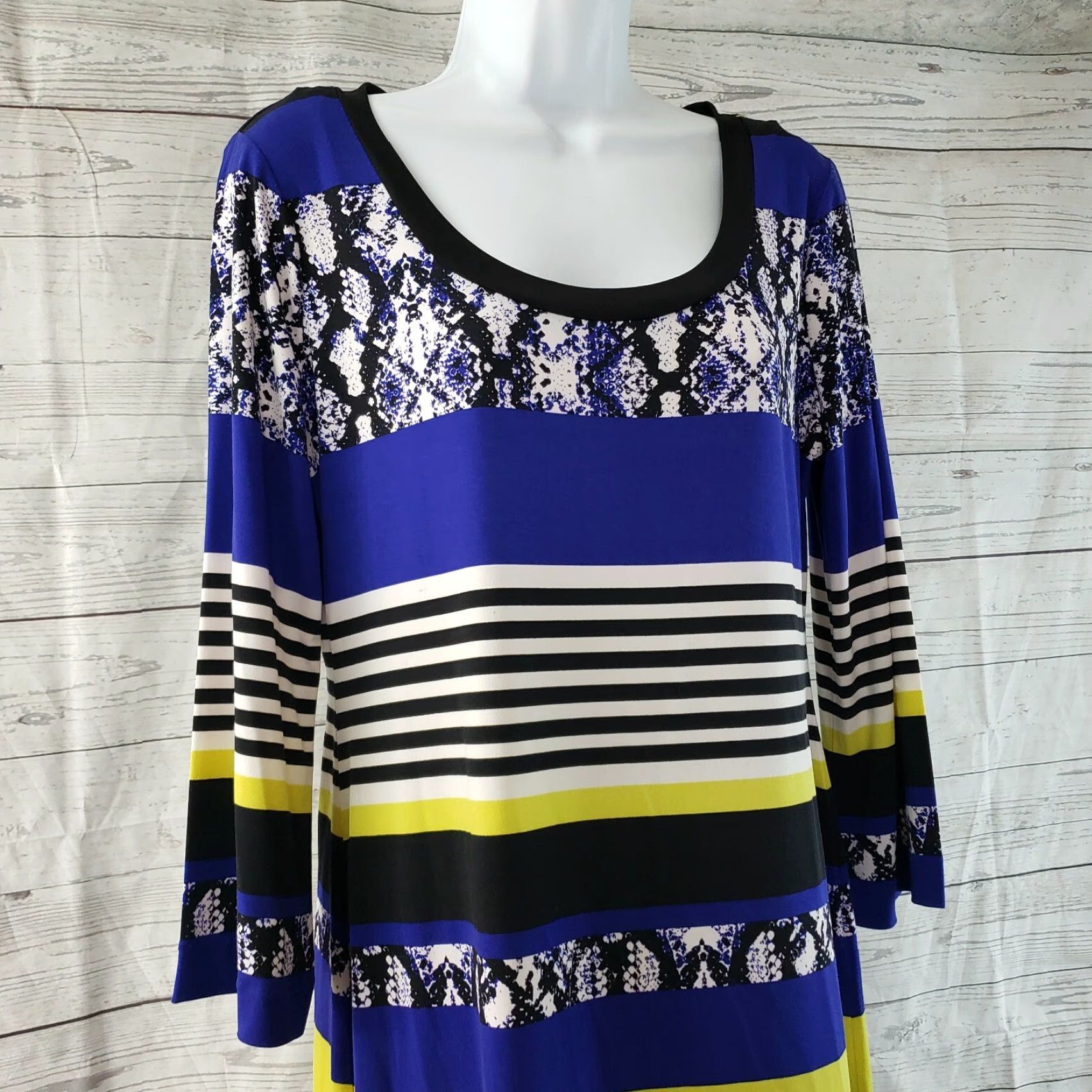 Calvin Klein Calvin Klein Womens Dress Striped Blue Yellow Scoop Neck 3/4 Sleeve Size M Knee Length Womens Size M / US 6-8 / IT 42-44 - 2 Thumbnail