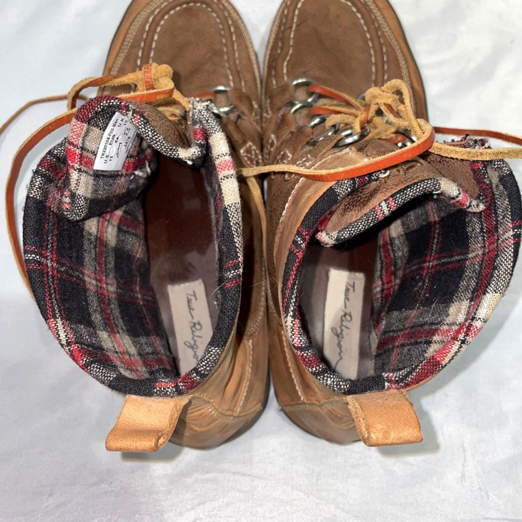 True Religion Mens Leather Moc Toe Boots Brown Plaid Lined‎ TR220104-F03 Size 11 True Religion Mens Brown Leather Moc Toe Boots Lined Plaid  main image 3