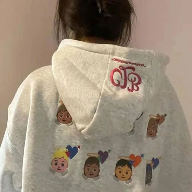 image of Vintage Y2K Oversized Cartoon Embroidery Hoodie in Grey, Men's (Size XL)