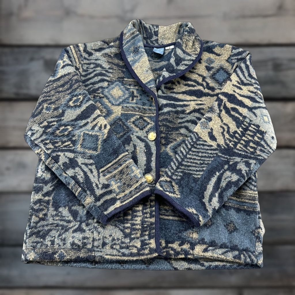 Vintage VINTAGE Ivy Jacket Womens L Blue Shawl Collar Tapestry Tiger Print Abstract 90s Size L / US 10 / IT 46 - 1 Thumbnail