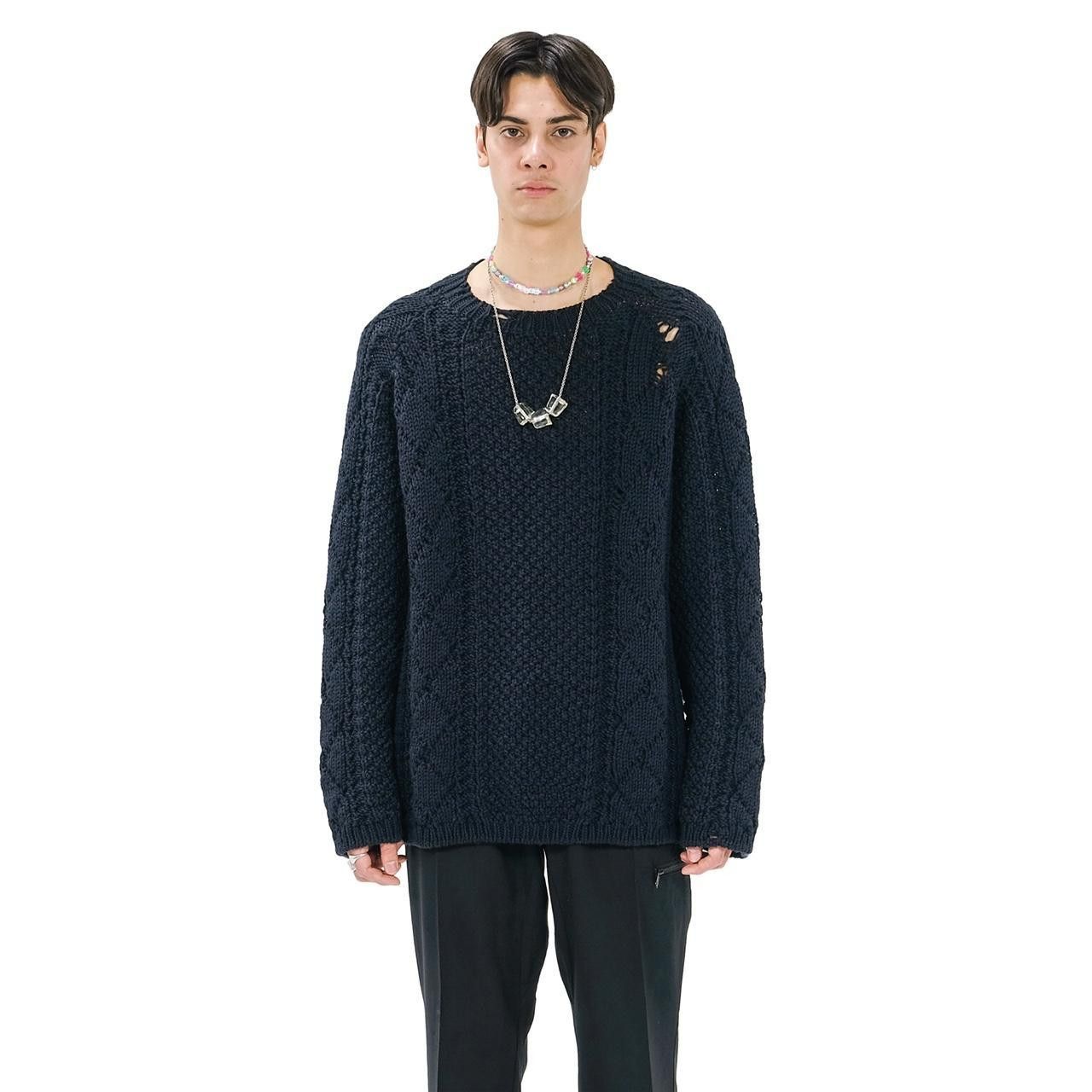 Maison Margiela Margiela Distressed Cable Knit Sweater - Navy Wool Size US M / EU 48-50 / 2 - 15 Thumbnail