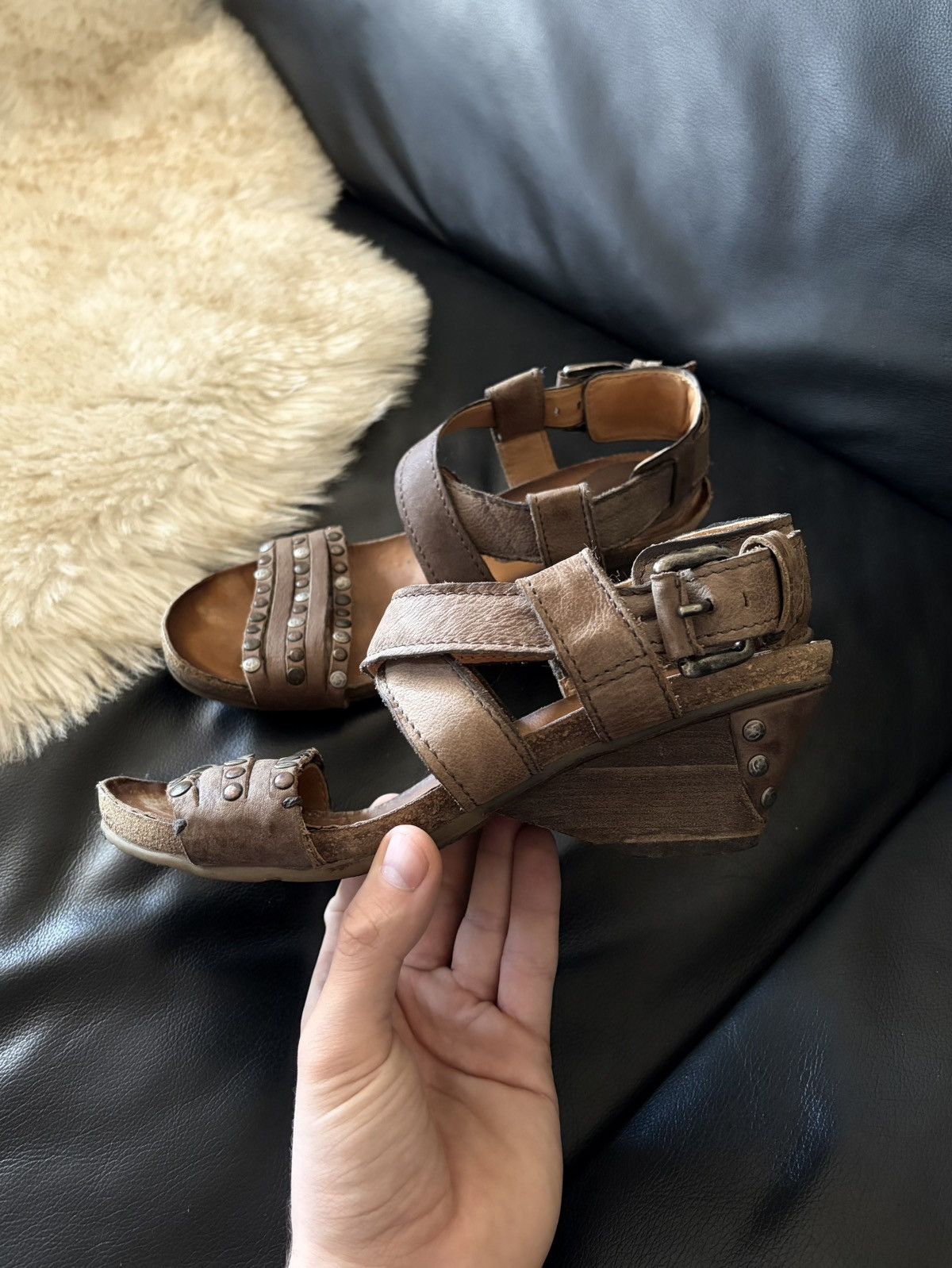 A.S.98 A.S.98 Archive Avant-Garde Leather Sandals Wedge Heel Buckle Size US 7 / IT 37 - 1 Thumbnail