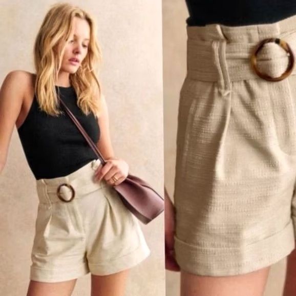 Vintage Sezane Design Rome Beige Woven Belted Cuff Shorts High-rise Size 28" / US 6 / IT 42 - 4 Thumbnail