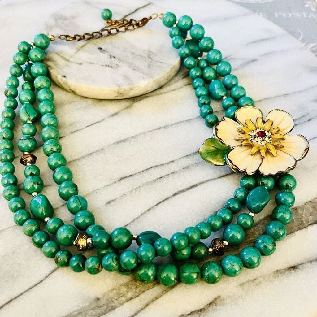 Jewelry Enamel Flower Statement Necklace Teal Green Beaded Size ONE SIZE - 2 Thumbnail