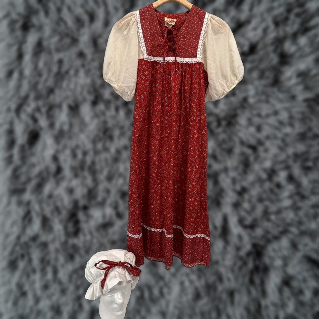 Vintage VINTAGE Eber San Francisco Prairie Floral Dress Set Girls Size 7 Red Cotton 1980s Size ONE SIZE - 1 Thumbnail