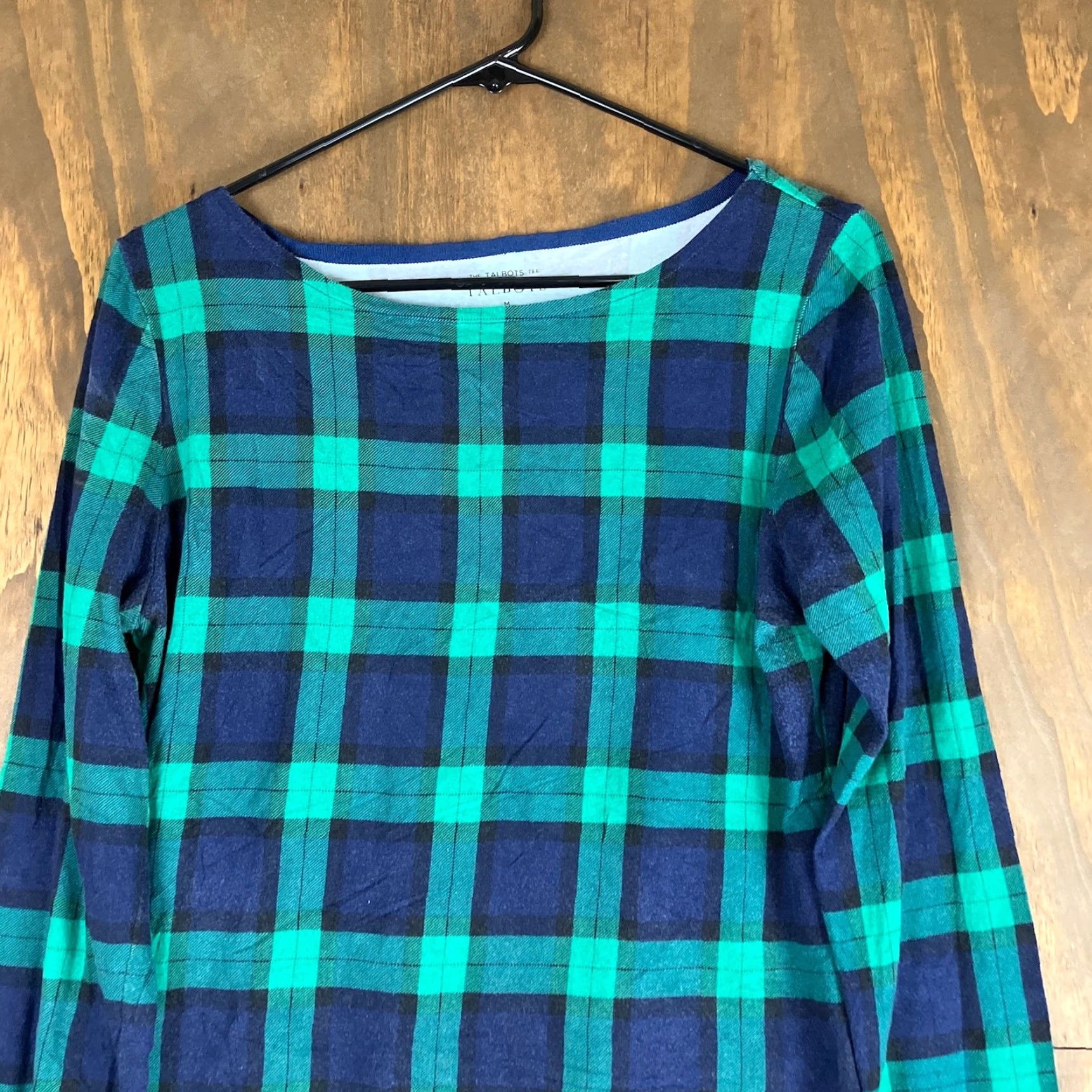 Talbots Talbots Womens Shirt Navy Green Plaid Boat Neck Long Sleeve Stretch Medium Size M / US 6-8 / IT 42-44 - 2 Thumbnail