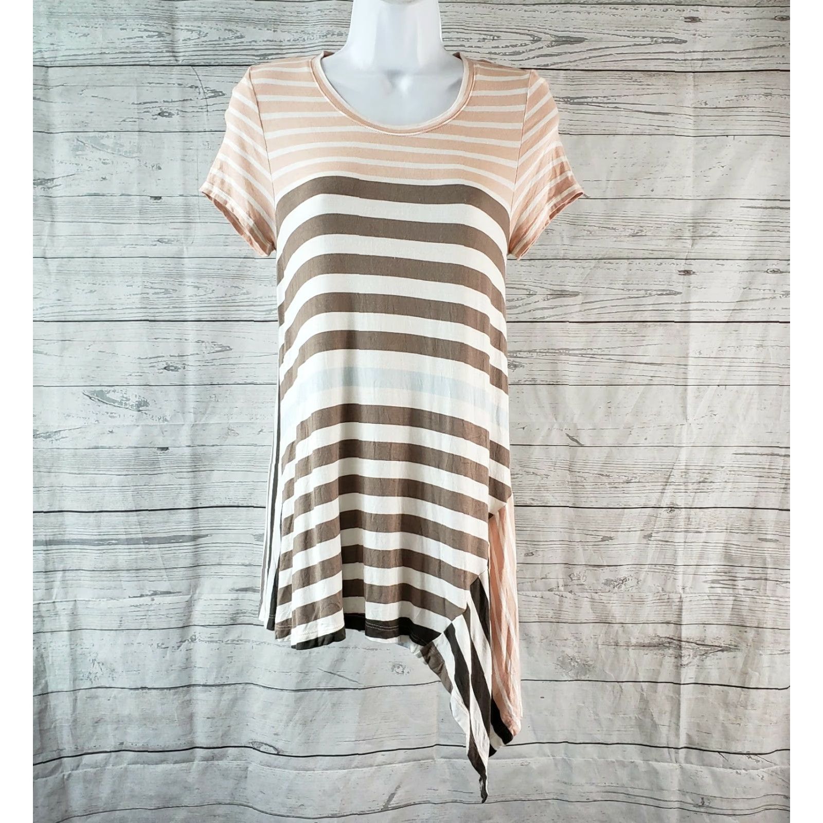 Pinko Little Yellow Button Womens Top Sz Small Pink Brown Striped Asymmetrical Hem Shirt Womens Small Pink Brown Striped Hem Size S / US 4 / IT 40 - 2 Thumbnail