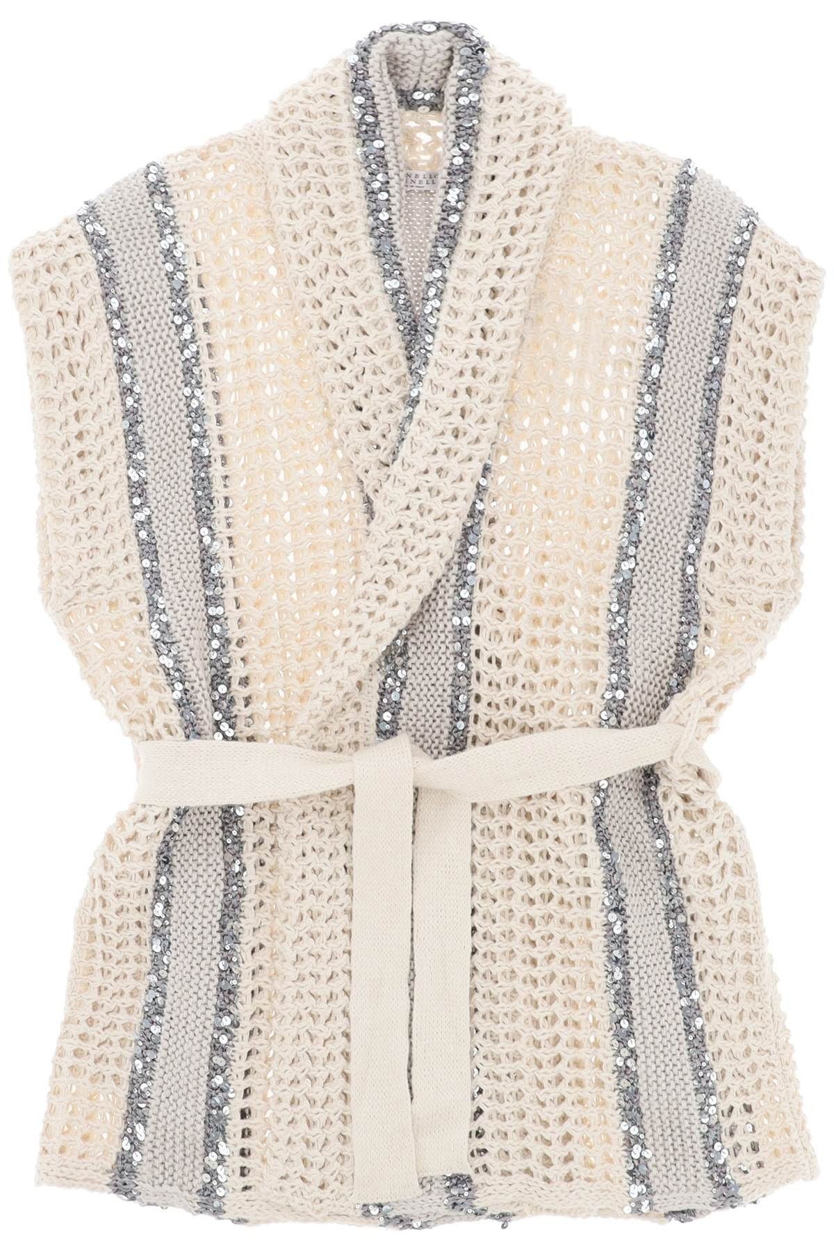 image of Brunello Cucinelli "dazzling Stripe Cardigan With in White Beige Grigio Argento Quarzo, Women's (Si