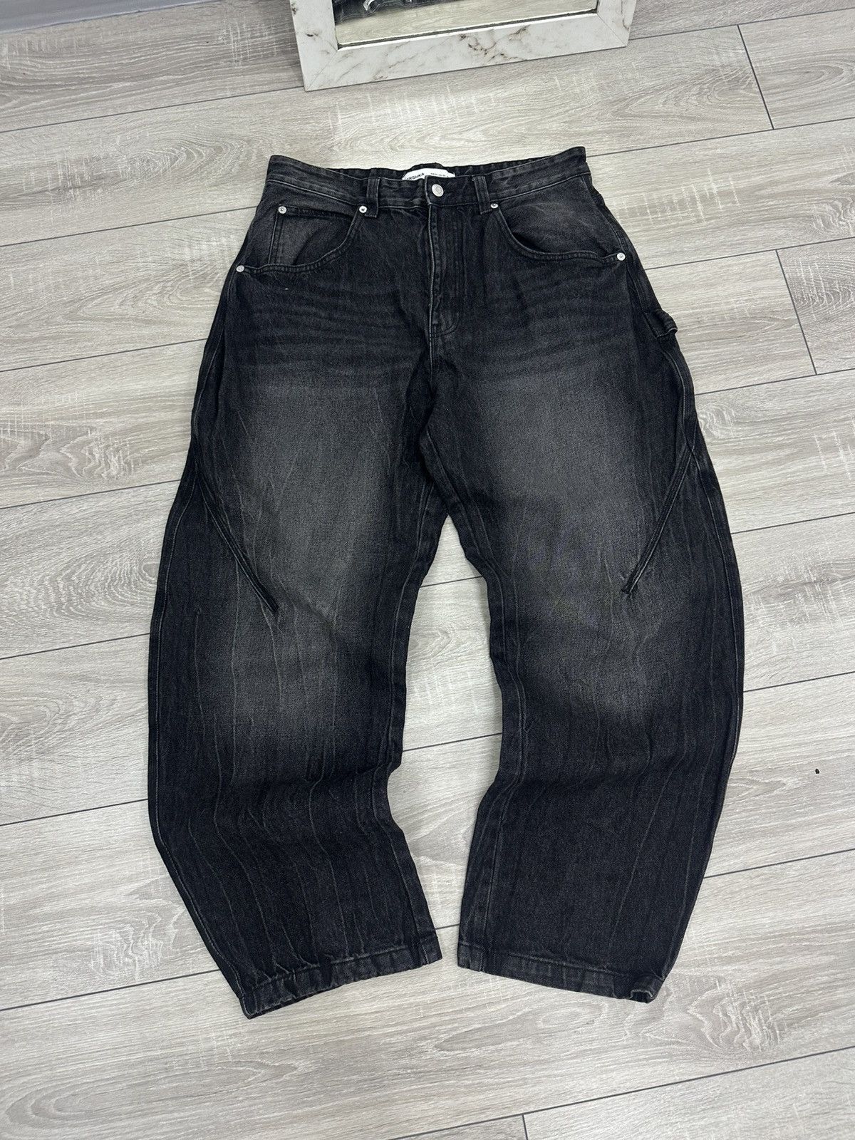 Japanese Brand Baggy Black Washed Y2K Opium Wide Jeans Jnco Style Size US 34 / EU 50 - 4 Thumbnail
