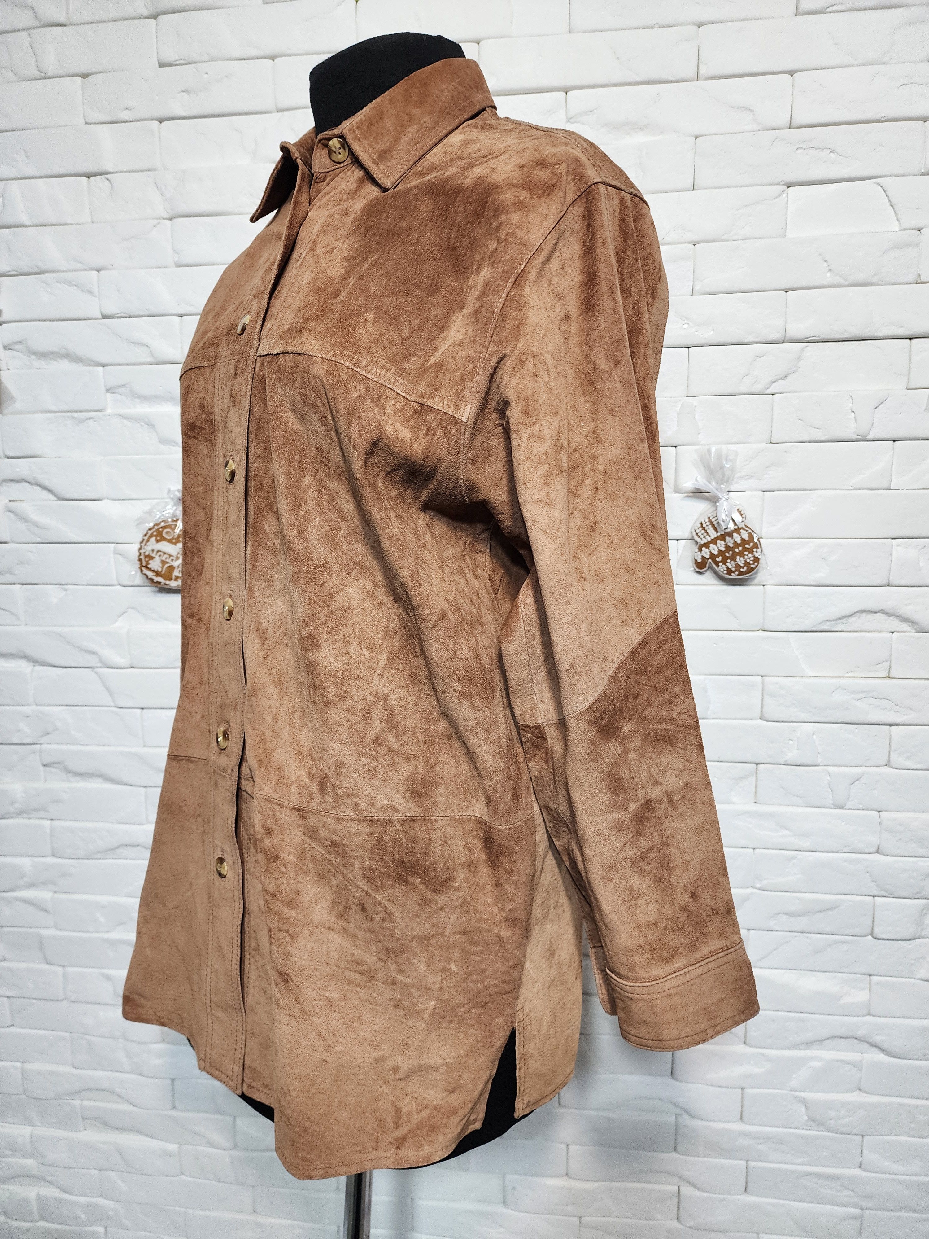 Genuine Leather Women's Suede Shirt: Brown Leather Simple Style Size XL / US 12-14 / IT 48-50 - 2 Thumbnail