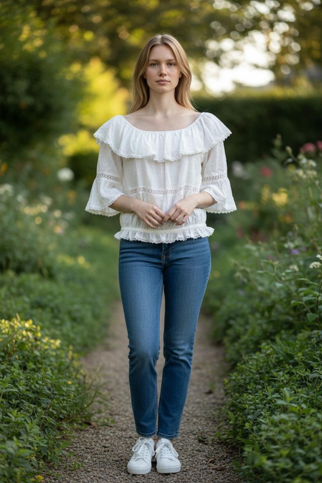 Forever 21 Forever 21 White Ruffle Off-Shoulder Blouse with 3/4 Sleeves Size M / US 6-8 / IT 42-44 - 1 Thumbnail