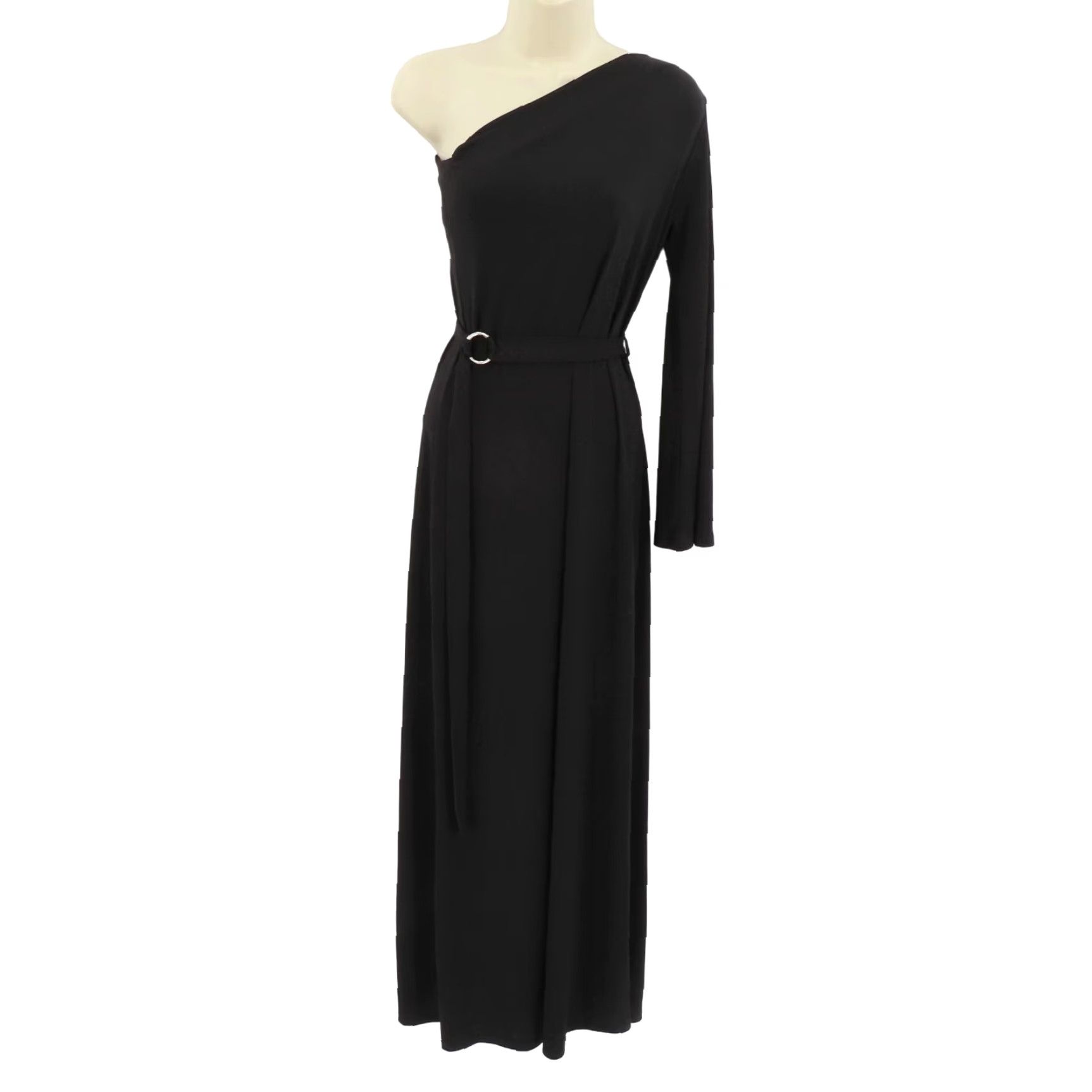 Vintage Ariella Womens Small Solid Black One Shoulder Long Sleeve Maxi Dress Slit Belted Size S / US 4 / IT 40 - 2 Thumbnail