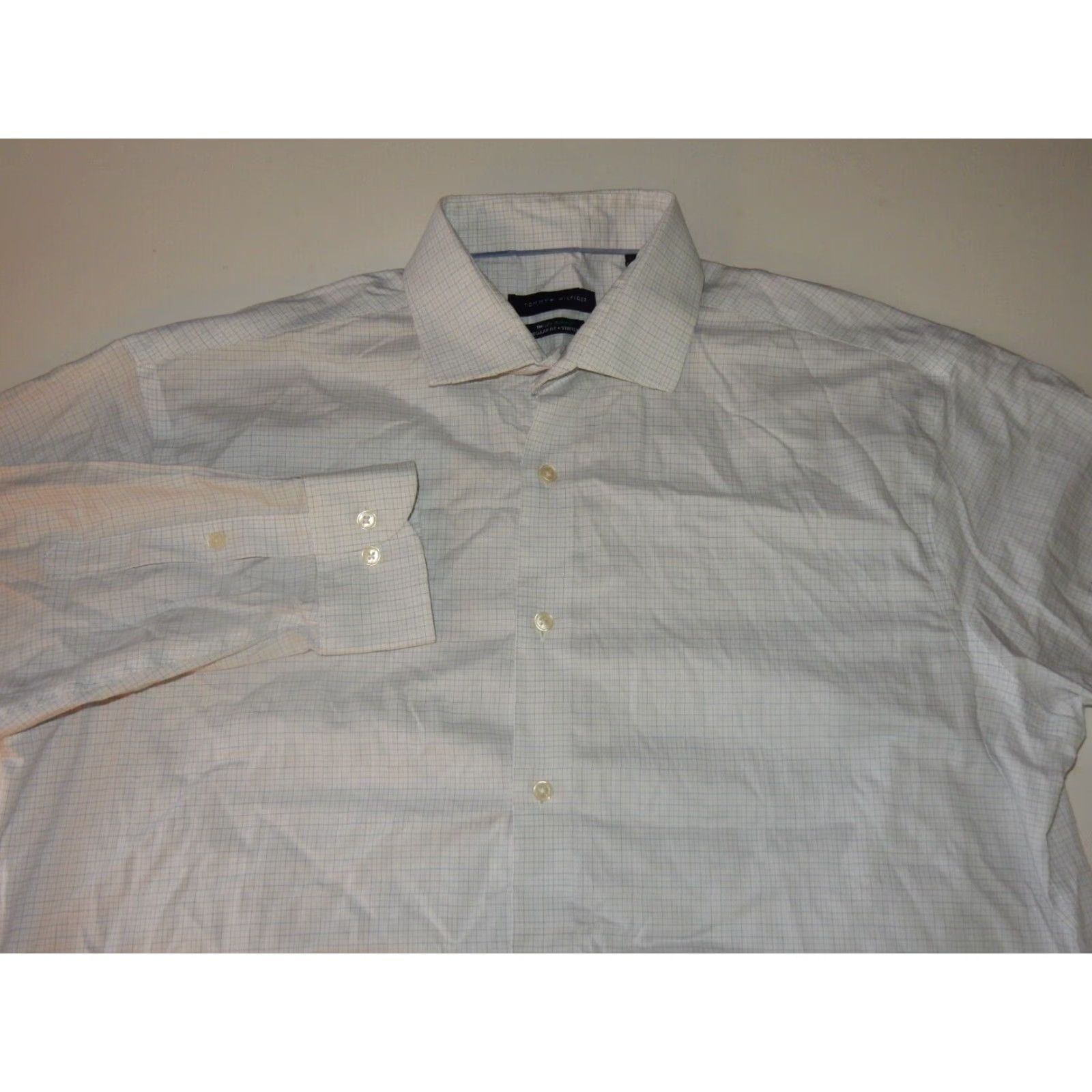 Tommy Hilfiger VINTAGE Tommy Hilfiger Men's Dress Shirt Regular Size 16.5 White & Blue Plaid Cotton Long Sleeve Size 42R - 2 Thumbnail