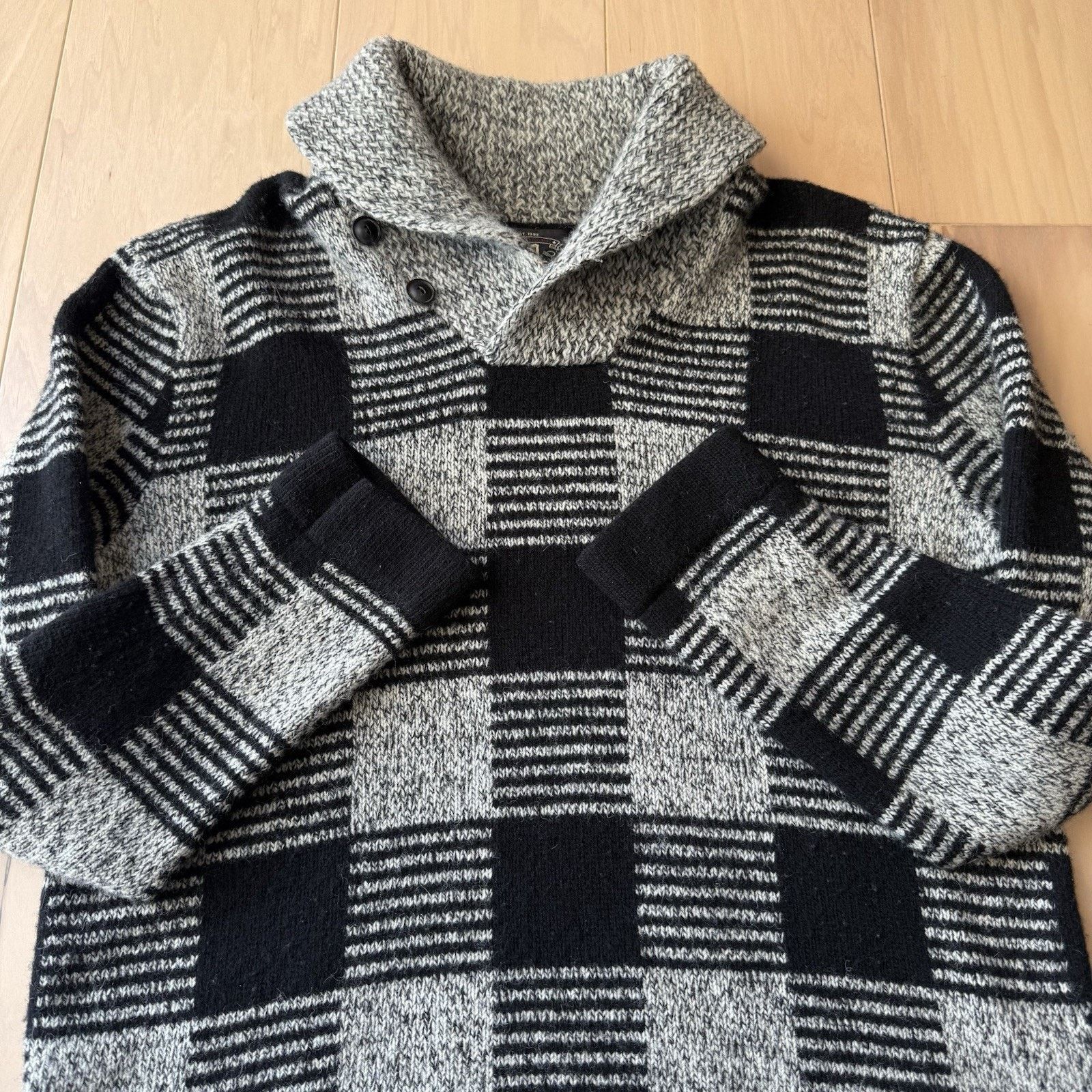 RRL Ralph Lauren RRL Wool Sweater Large Gray Black Check Knit Shawl Collar Size US L / EU 52-54 / 3 - 4 Thumbnail