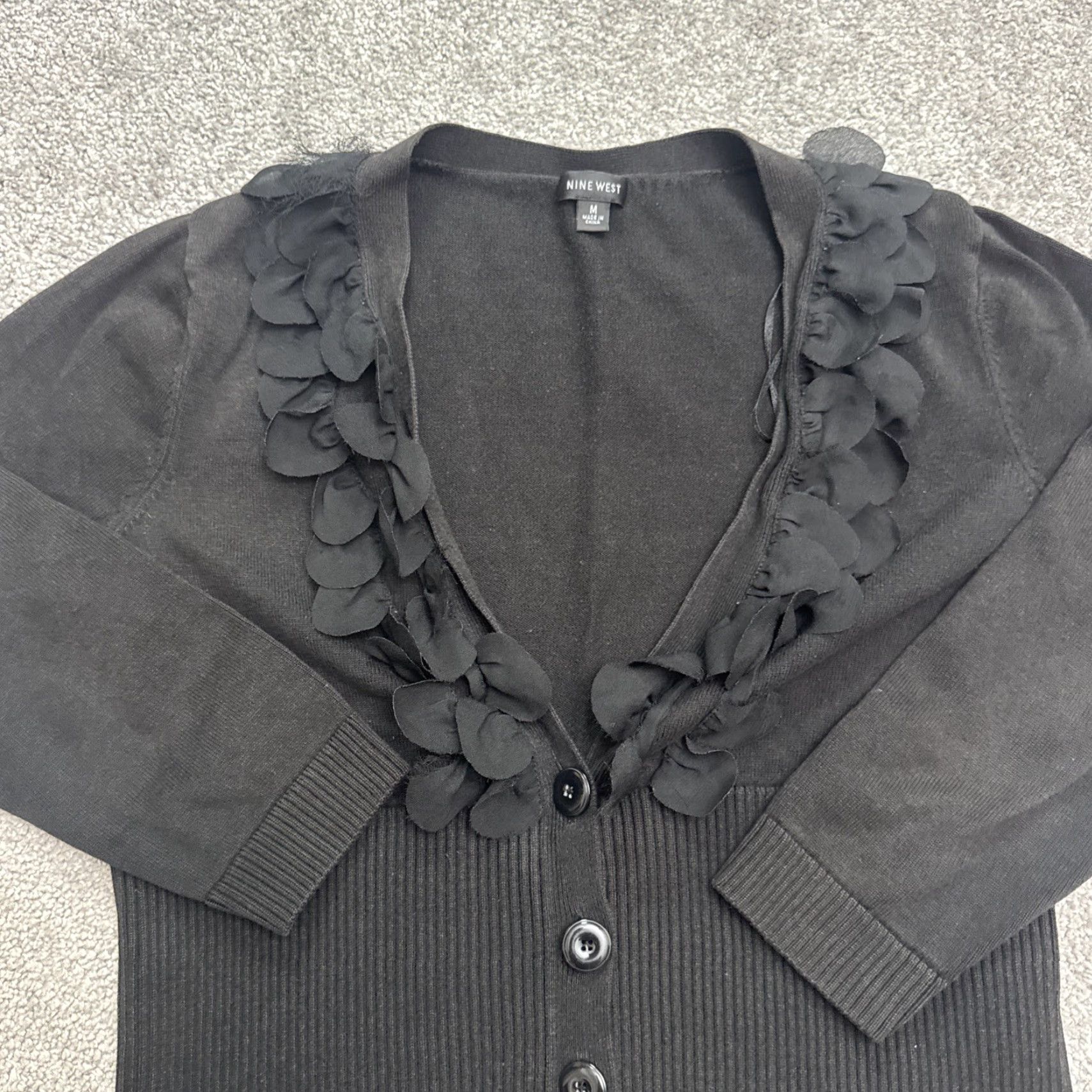 Nine West Nine West Women's Knit Cardigan Sweater Black Long Sleeve Ruffle Casual Moderate Stretch Petite Autumn Fall Winter Size M / US 6-8 / IT 42-44 - 4 Thumbnail