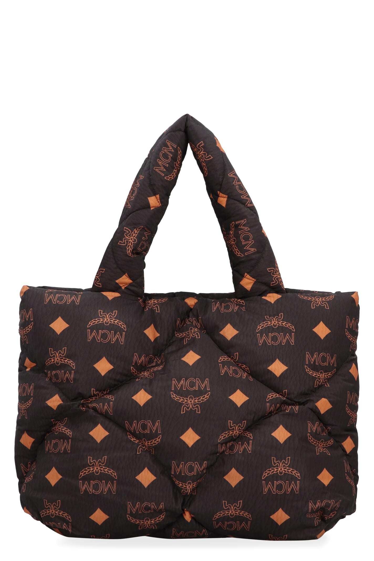 image of MCM Black All Over Logo Print Nylon Tote Bag, Women's
