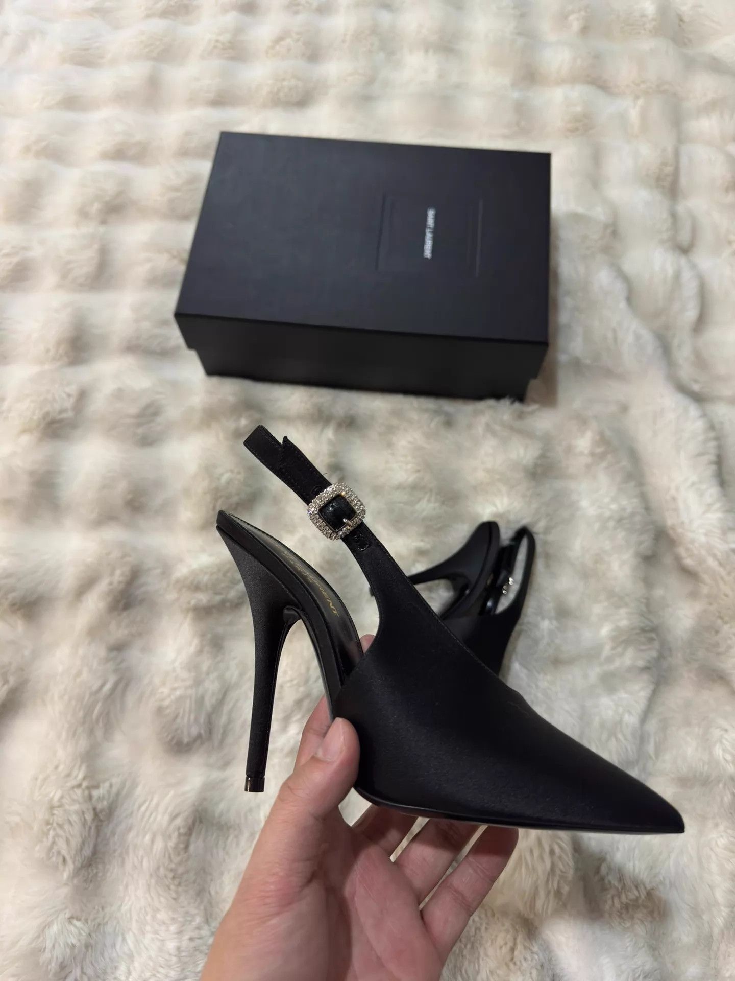 Yves Saint Laurent YSL Runway Satin Crystal Black Heels 37 EU Size US 6.5 / IT 36.5 - 5 Thumbnail