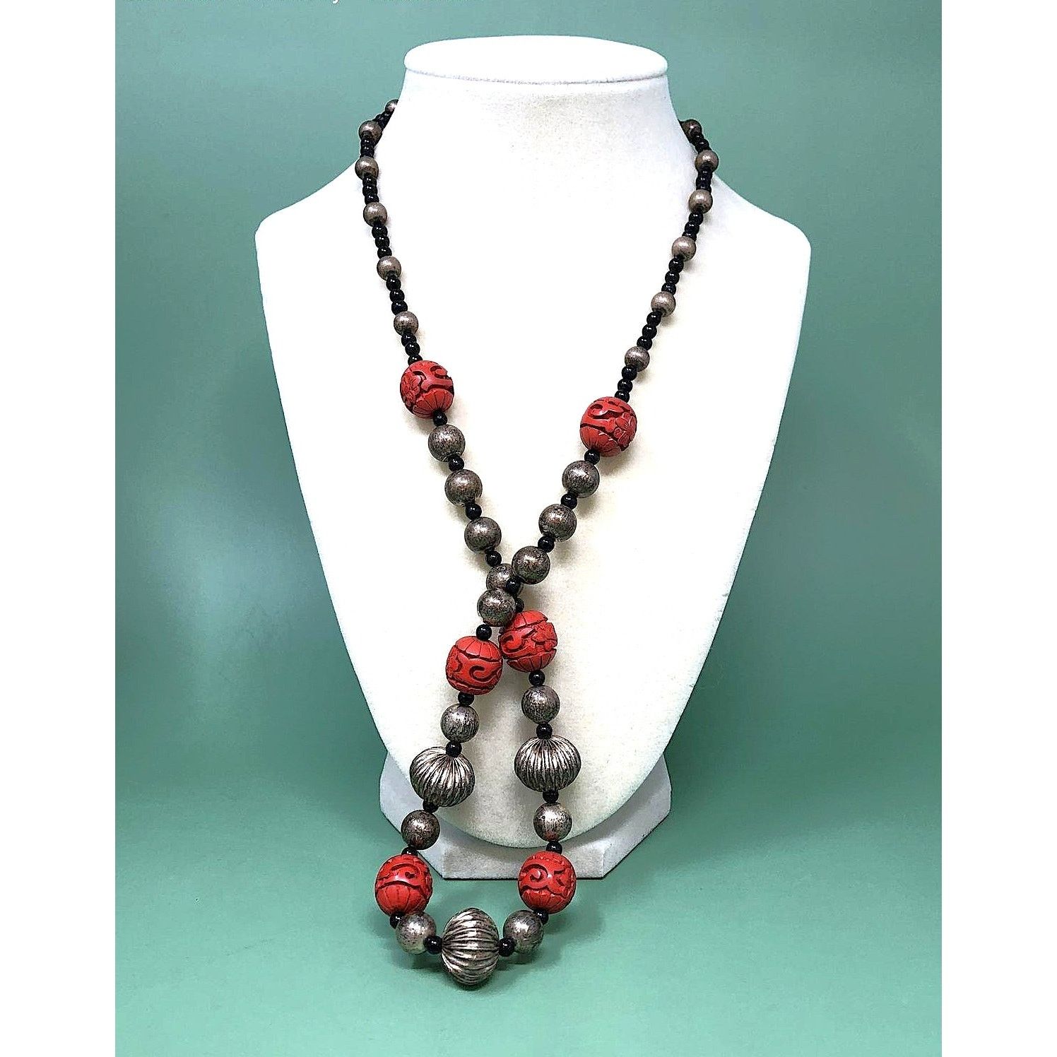 Vintage Asian Sterling Silver Carved Cinnabar Onyx Beaded Necklace Size ONE SIZE - 1 Thumbnail