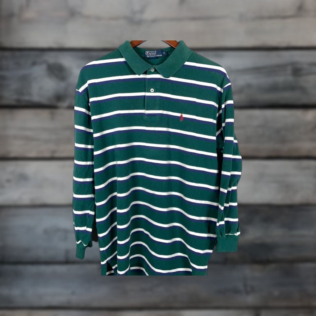 Polo Ralph Lauren VINTAGE Polo Ralph Lauren Striped 3/4 Sleeve Polo Shirt Adult XL Green Blue Cotton Casual 90s Mens Size US XL / EU 56 / 4 - 1 Thumbnail