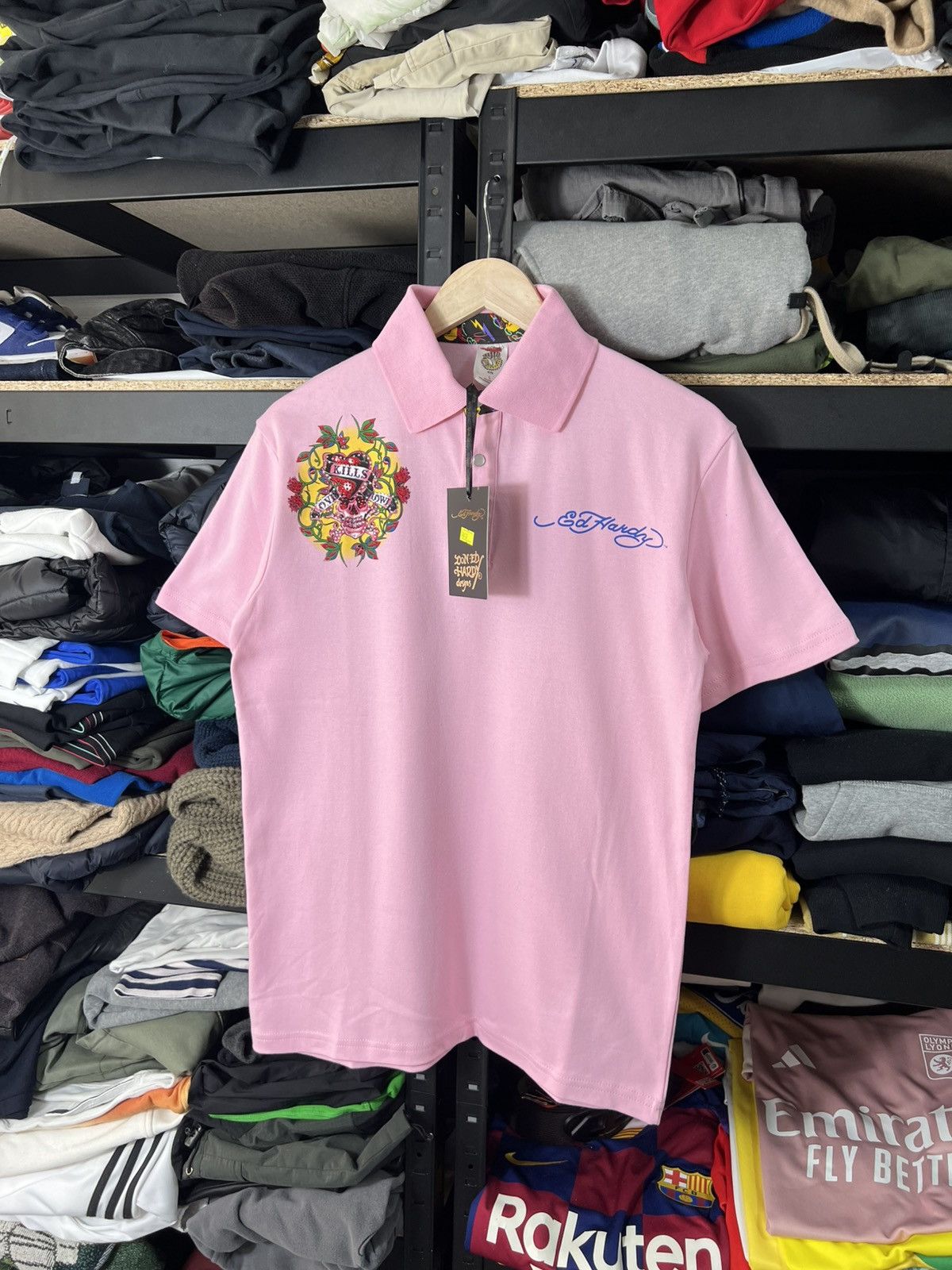 Ed Hardy Skull Graphic Polo Shirt Pink Size L (Fits M)