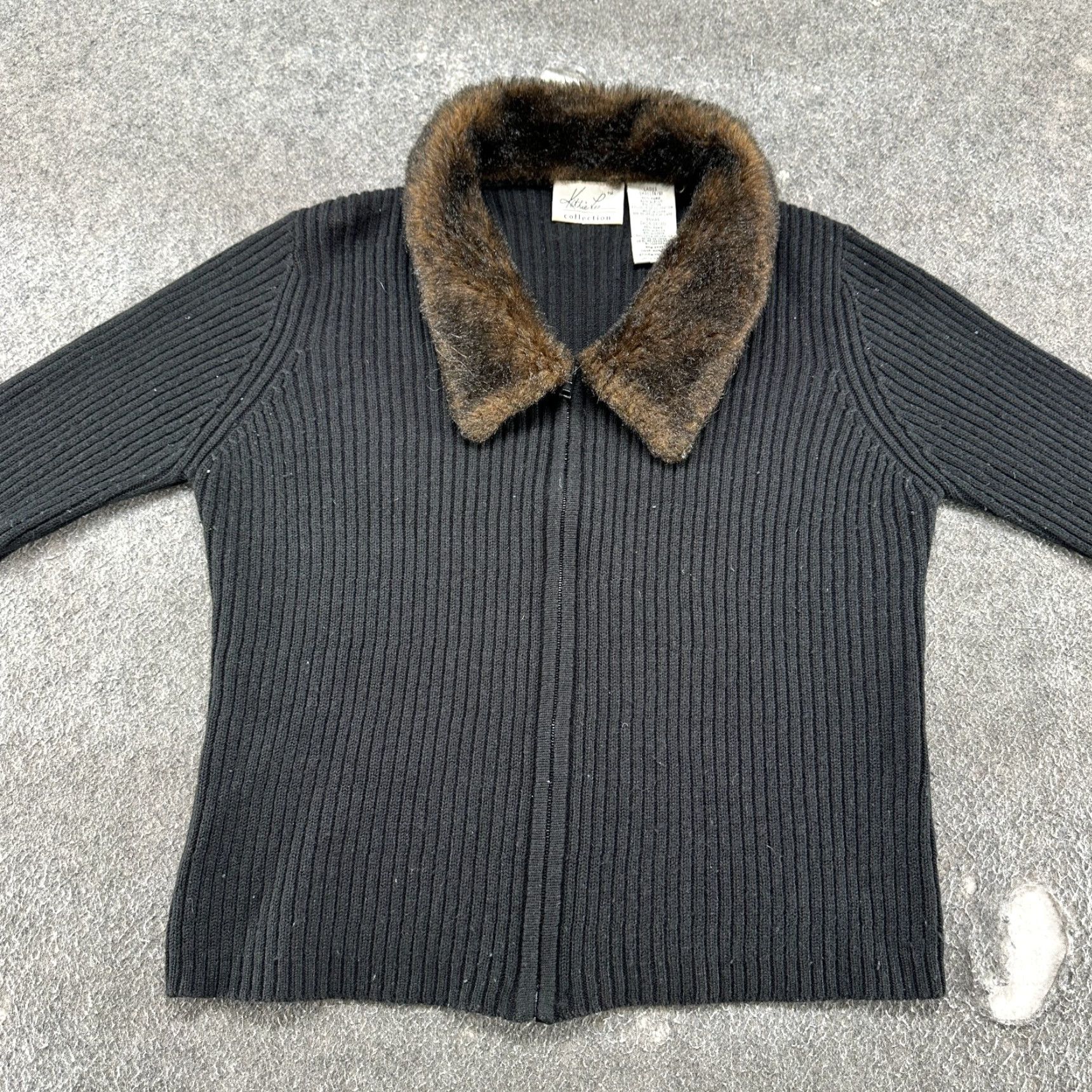 Lee VINTAGE Katie Lee Jacket Womens S Black Fur Trim Full Zip Knit Ribbed 90s Size S / US 4 / IT 40 - 4 Thumbnail