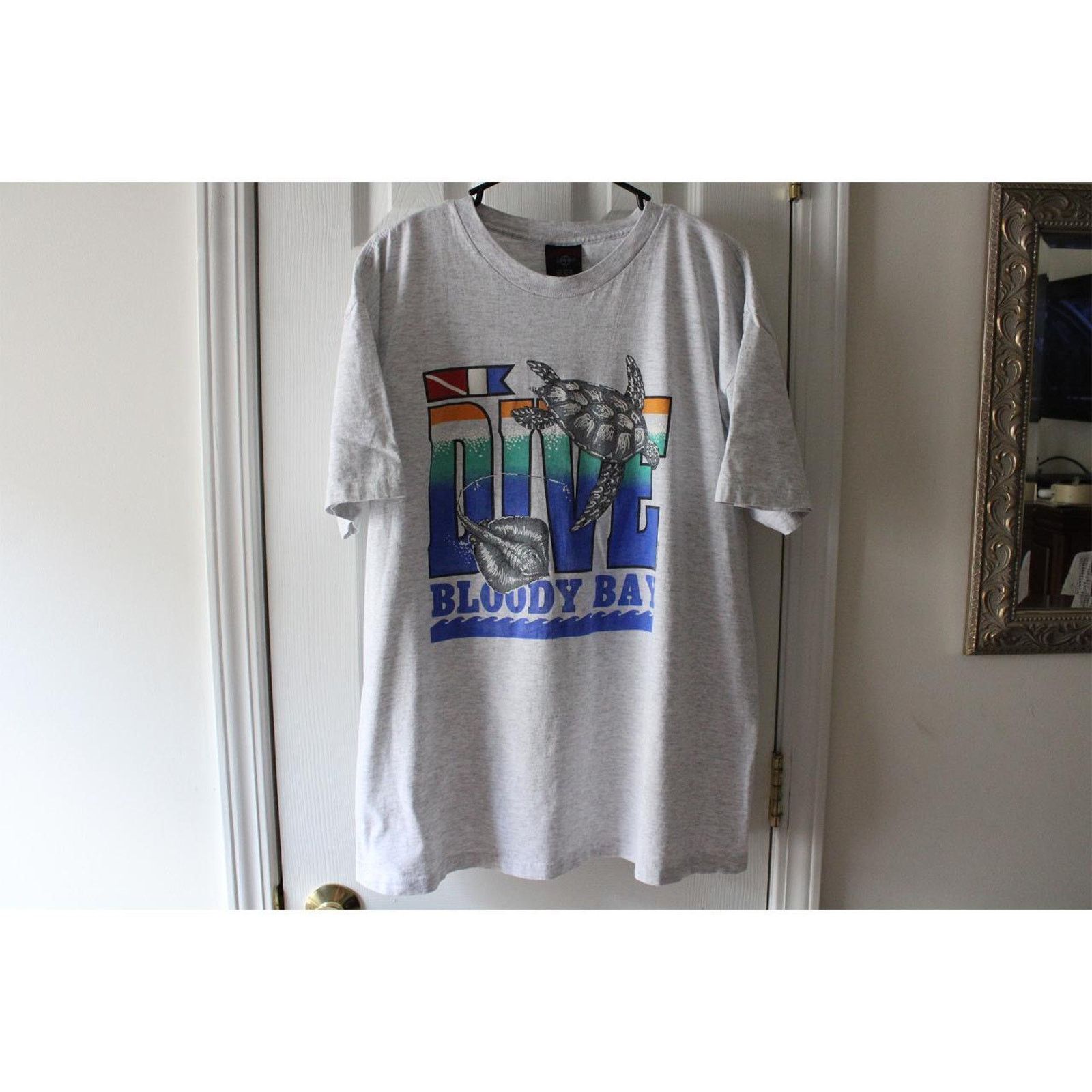 Vintage Grey 90's Vintage Sea Turtle "Dive Bloody Bay" Graphic Tee Size US XL / EU 56 / 4 - 5 Thumbnail