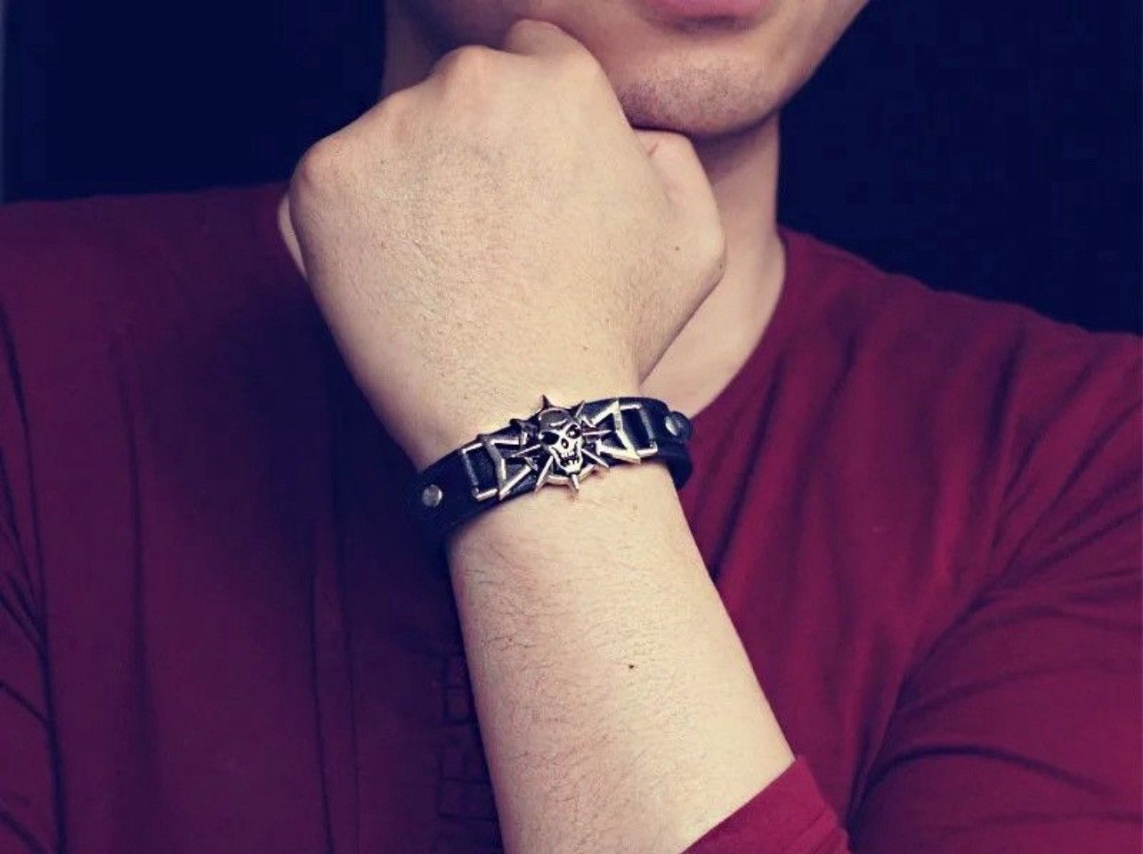 Leather Skeleton Skull Star Eye Punk Gothic Bracelet Size ONE SIZE - 3 Thumbnail