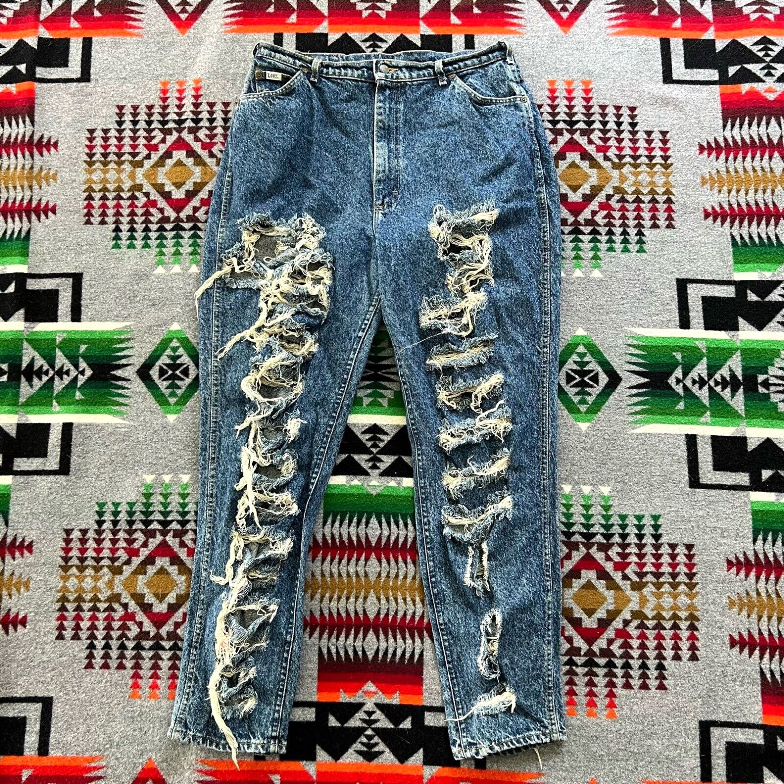 image of Vintage Lee Jeans Acid Wash Women’S Size 18 Medium Distressed Blue Usa Euc C4 in White, Women's