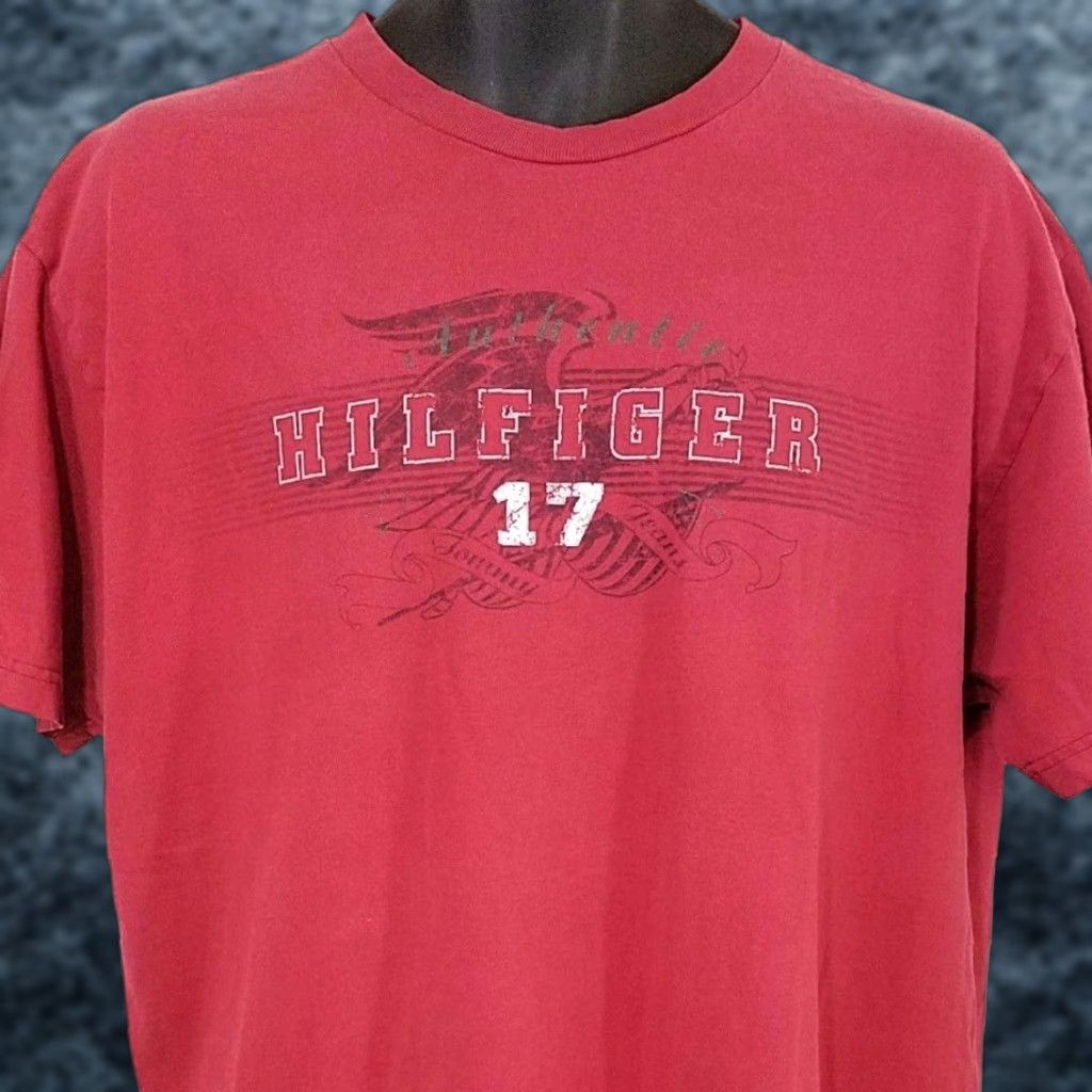 Tommy Hilfiger VINTAGE Tommy Hilfiger T Shirt Mens Size Large 90s Red Spell Out Jeans Pattern Solid Short Sleeve Crew Neck Graphic Tee Size US L / EU 52-54 / 3 - 1 Thumbnail