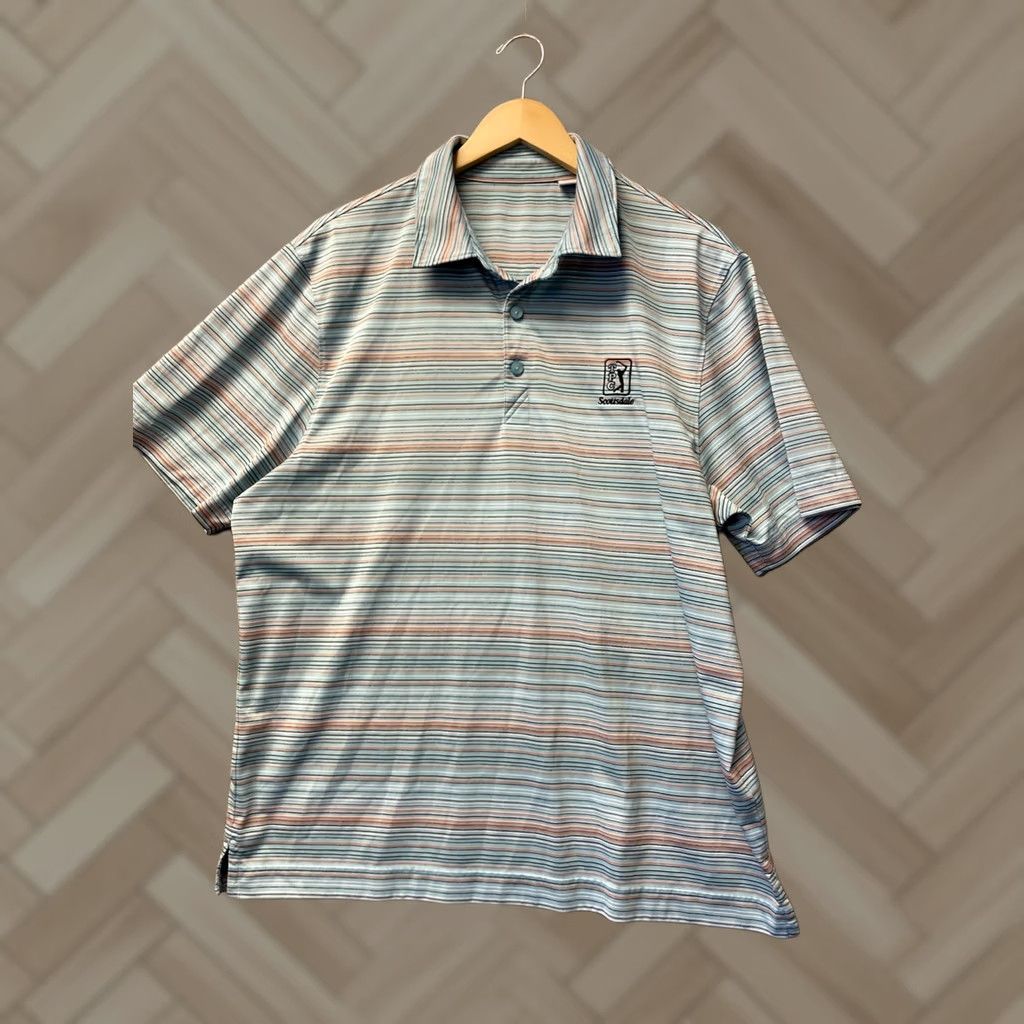 Vintage TPC Summer Comfort Golf Shirt Polo Men’s Blue Pink White Striped Short Sleeve Moisture Wicking Lightweight Stretch Breathable Collared - 0781 Size US L / EU 52-54 / 3 - 1 Thumbnail
