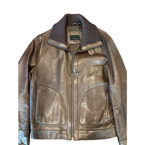 Zara Zara Man Brown Leather Jacket With Ribbed Collar & Quilted L Size L / US 10 / IT 46 - 1 Thumbnail