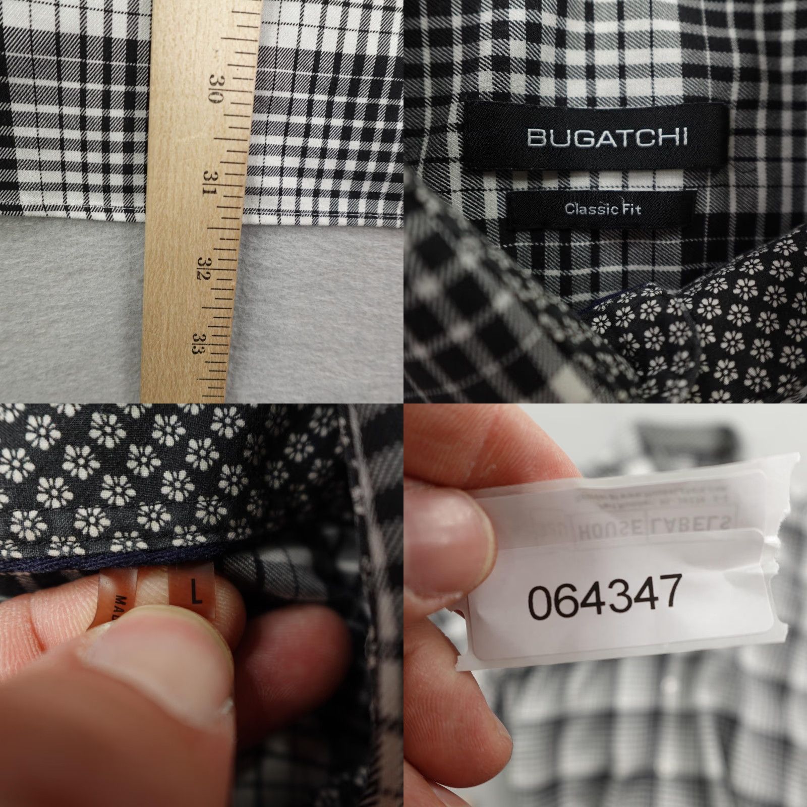 BUGATCHI Bugatchi Shirt Adult Large Gray Plaid Button-Up Cotton Designer Mens Size US L / EU 52-54 / 3 - 8 Thumbnail