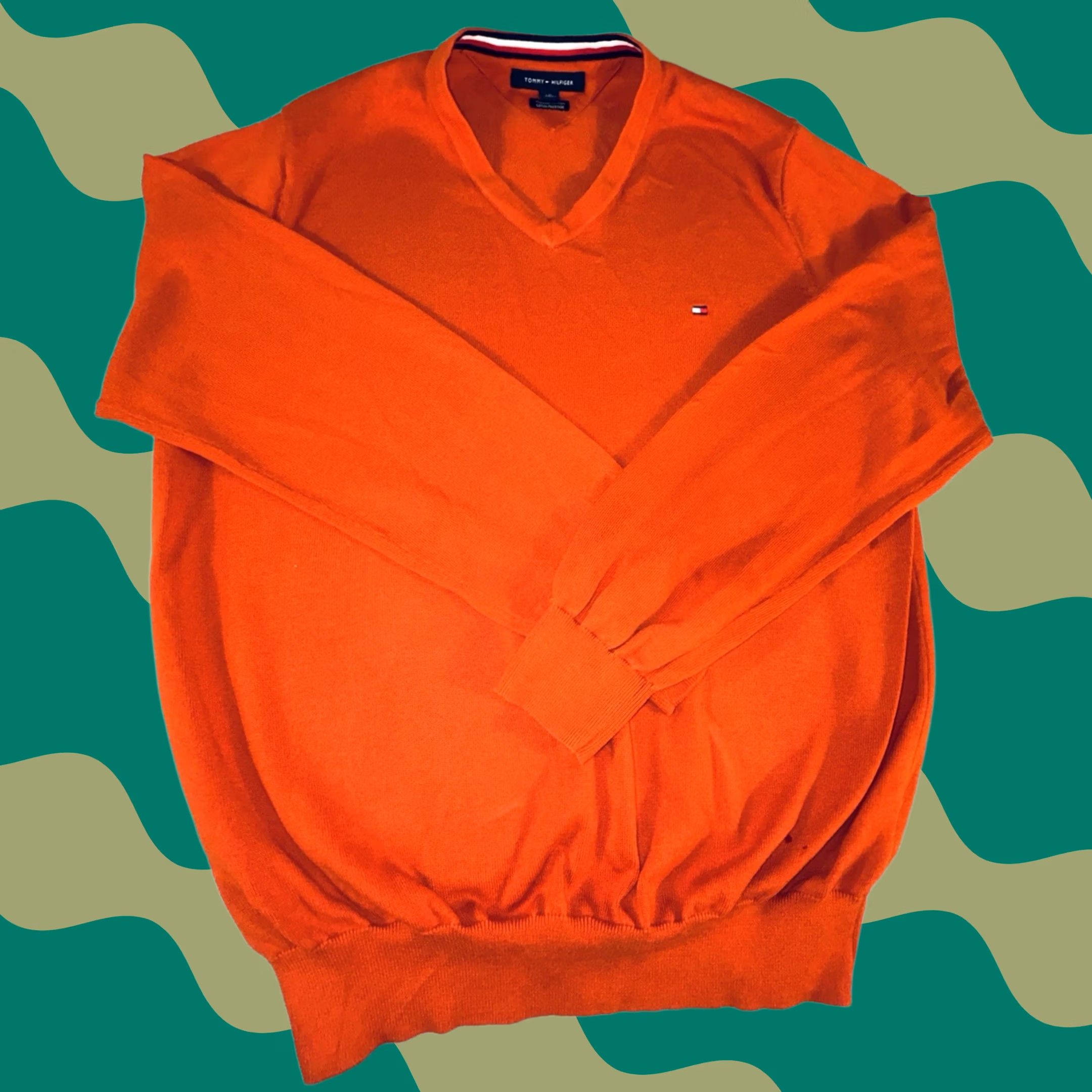 Tommy Hilfiger Sweater Mens Large Orange Cotton V Neck Pullover Logo, Men's