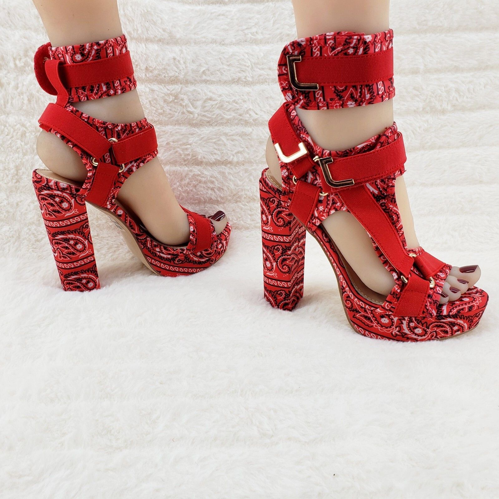 Other Red Bandanna 5.5" Chunky High Heel Harness Strap Shoe Banda Size US 6 / IT 36 - 3 Thumbnail