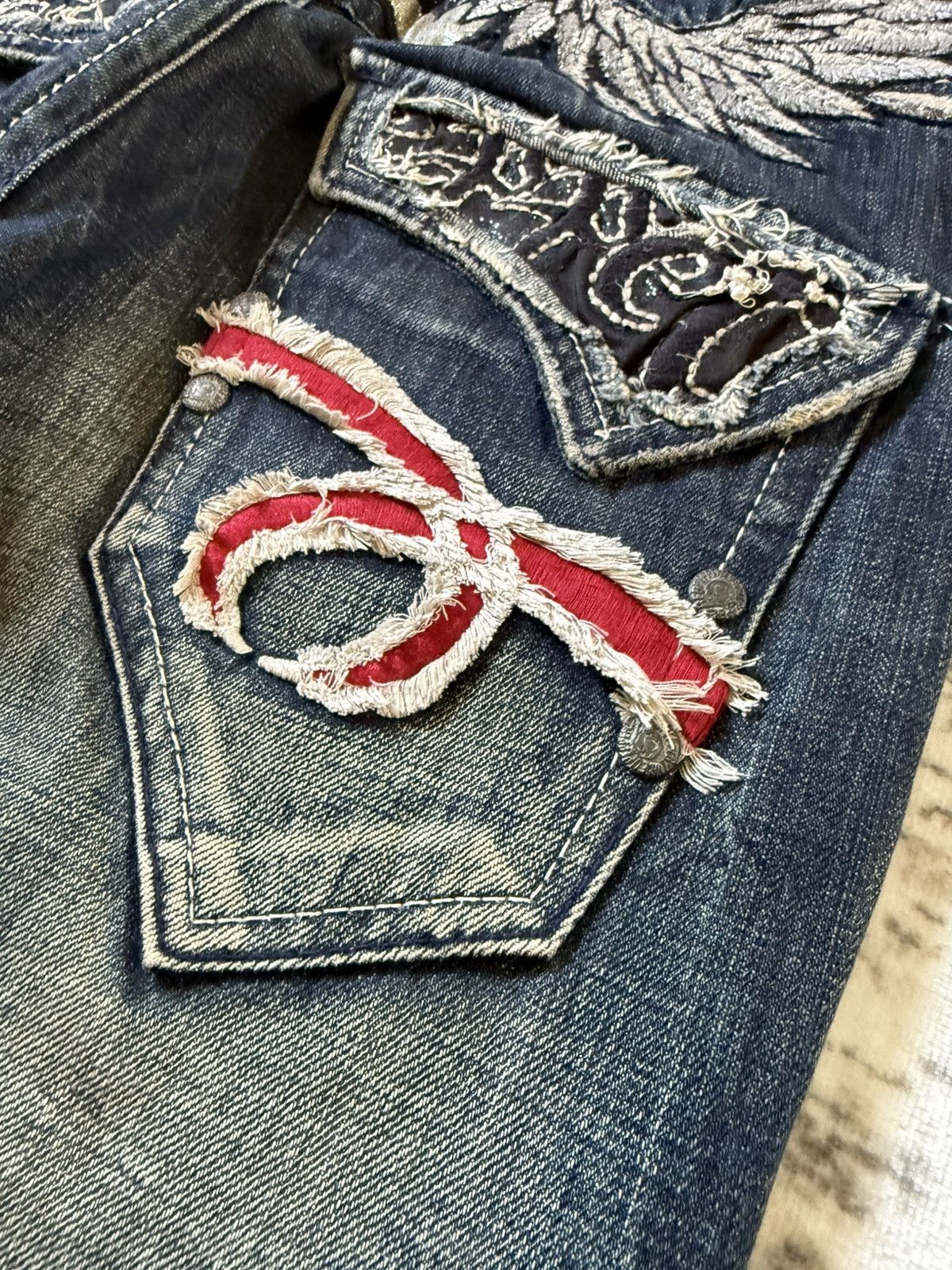 If Six Was Nine Red Pepper Japan Goth Skull Wings Embroidered Flared Jeans Size US 30 / EU 46 - 10 Thumbnail