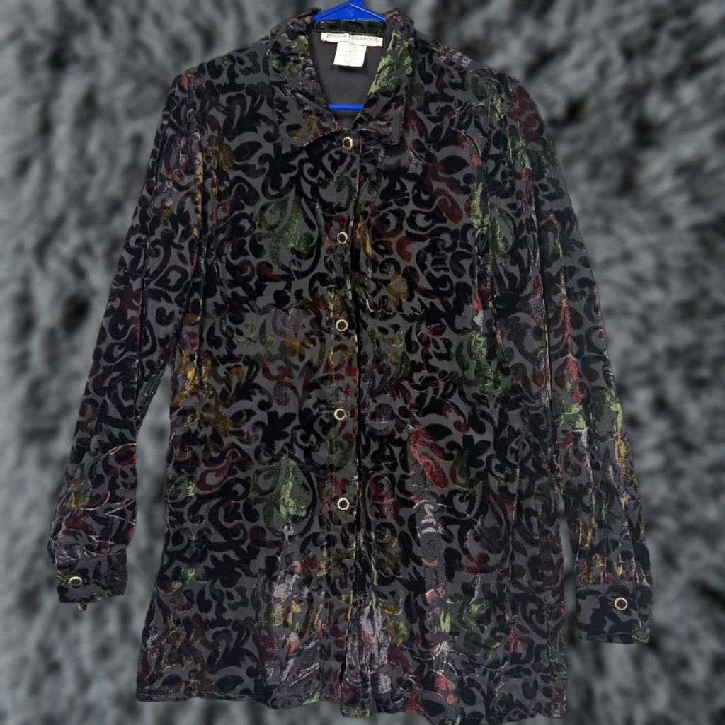 Velvet VINTAGE Jessica Holbrook Tunic Blouse Black Velvet Burnout Paisley 6 Women Long Sleeve Button Front Collared 90s Whimsigoth Glam Boho Size M / US 6-8 / IT 42-44 - 1 Thumbnail