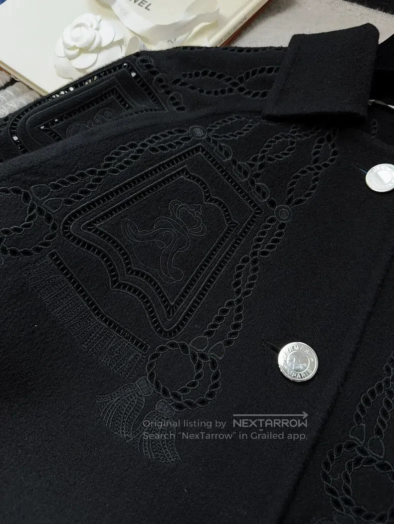 Hermes Hermes Black lace-up embroidery pattern cashmere coat, wid Size XXS / US 00 / IT 34 - 6 Thumbnail