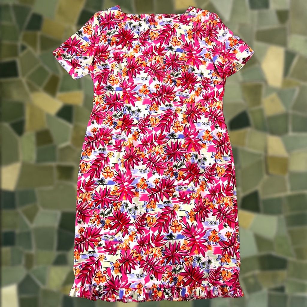 Lee VINTAGE Kathie Lee Collection Pink Green Hawaiian Floral Short Sleeve Shift Dress 10 Size 32" / US 10 / IT 46 - 1 Thumbnail