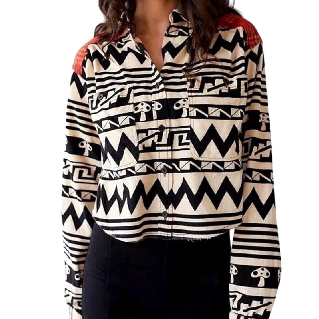 Bdg BDG Urban Outfitters Tripped Up Cream and Black Mushroom Corduroy Top S Cropped Long Sleeve Button-Up Geometric Pattern NWT Womens Small Size S / US 4 / IT 40 - 7 Thumbnail