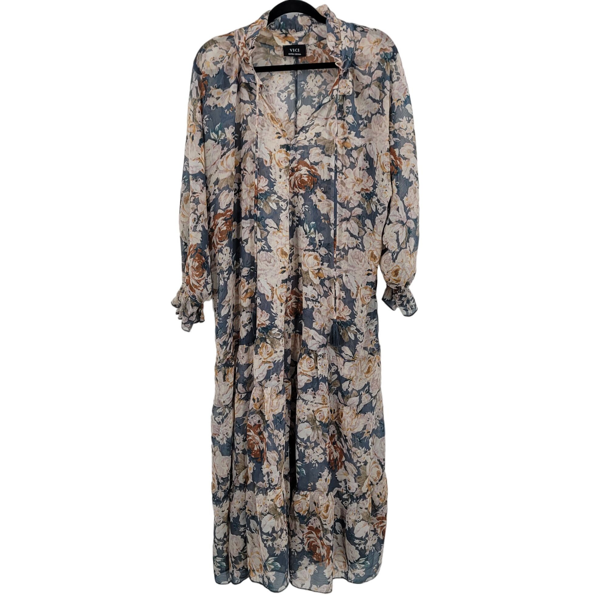 Vici Sheer Ruffle Tiered Long Sleeve Maxi Dress XS Blue