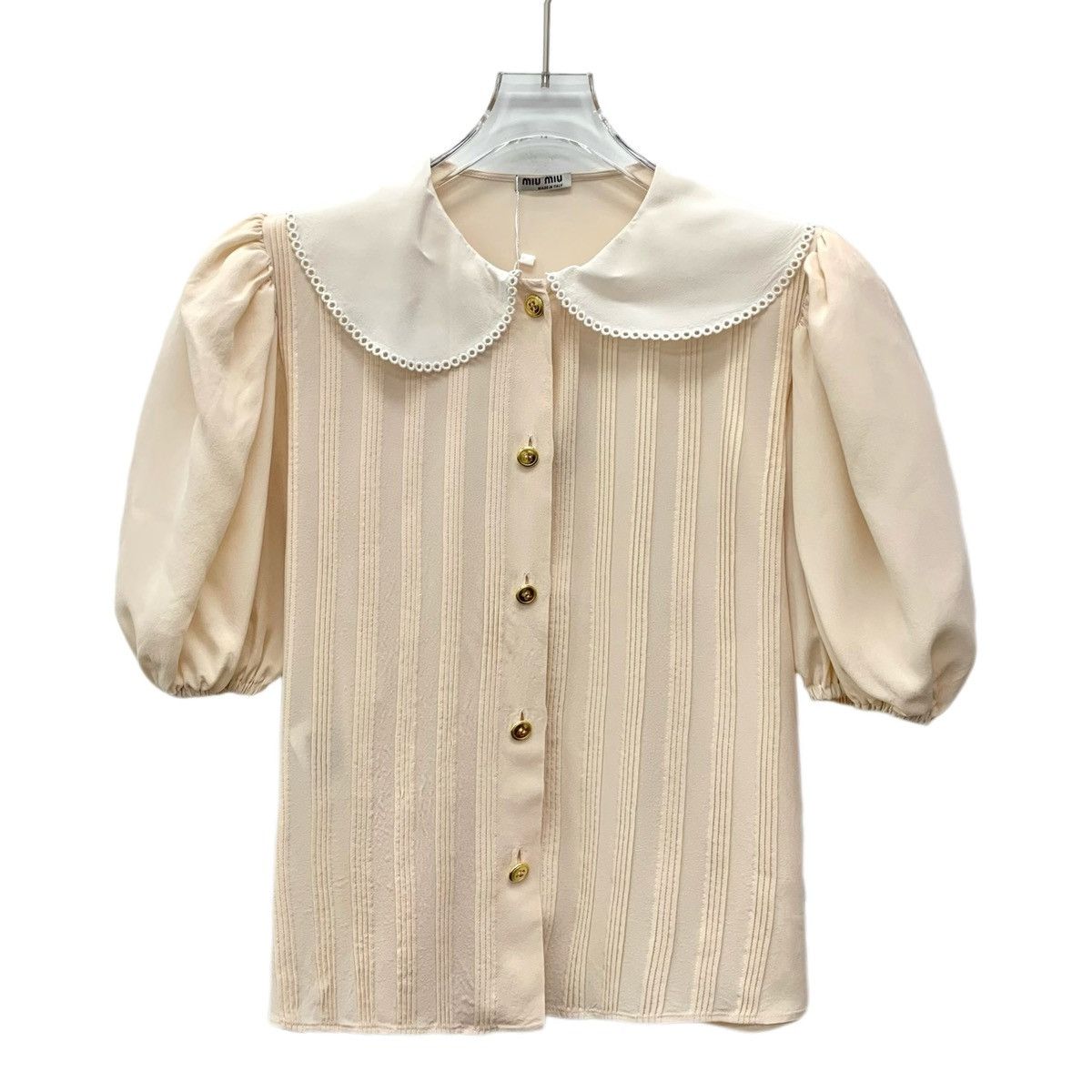 Miu Miu apricot striped doll collar mulberry silk shirt