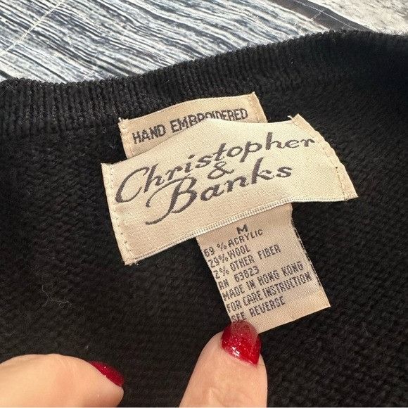 Other Vintage Christopher & Banks Black Cardigan with Red and Gree Size M / US 6-8 / IT 42-44 - 6 Thumbnail