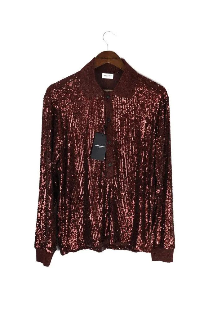 Saint Laurent Paris o1bcso1str0924 Long-Sleeved Polo Shirt in Shinny Bronze Size US L / EU 52-54 / 3 - 1 Thumbnail