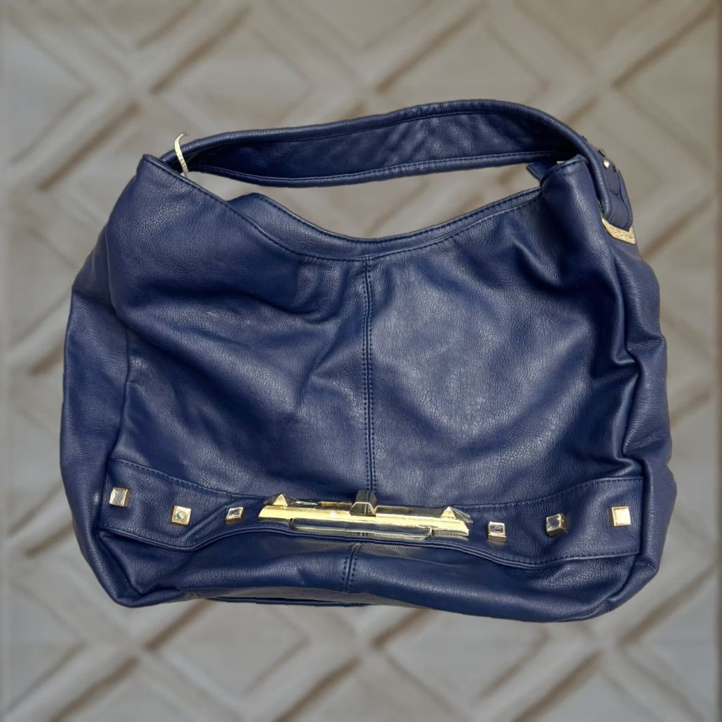Vintage Imoshion Hobo Bag Women Navy Blue Gold Studded Faux Leather Turn Lock Medium Size ONE SIZE - 1 Thumbnail